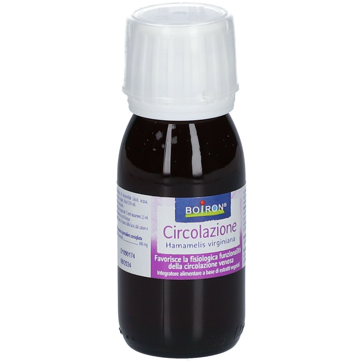 Flacone di vetro marrone con tappo bianco. Scritta: BOIRON® Circolazione Hamamelis virginiana.