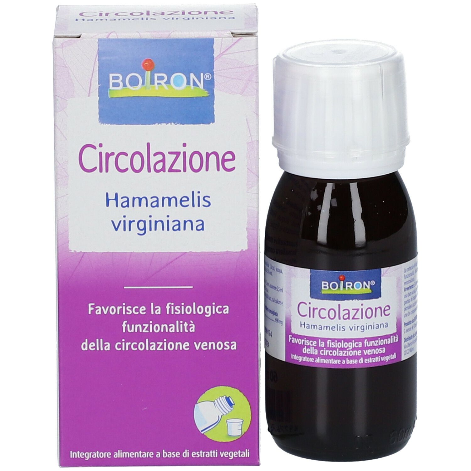 Flacone di vetro marrone con tappo bianco. Scritta: BOIRON® Circolazione Hamamelis virginiana.