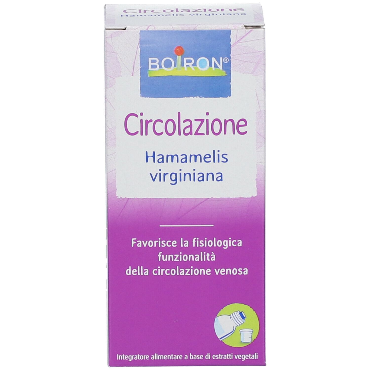 Confezione e flacone di vetro marrone con tappo bianco. Scritta: BOIRON® Circolazione Hamamelis virginiana.