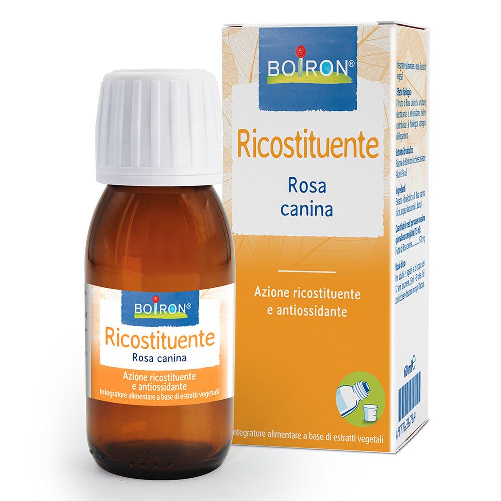 Flacone di vetro marrone con tappo bianco ed etichetta. Scatola con informazioni sul prodotto. Scritto: BOIRON, Ricostituente Rosa canina.