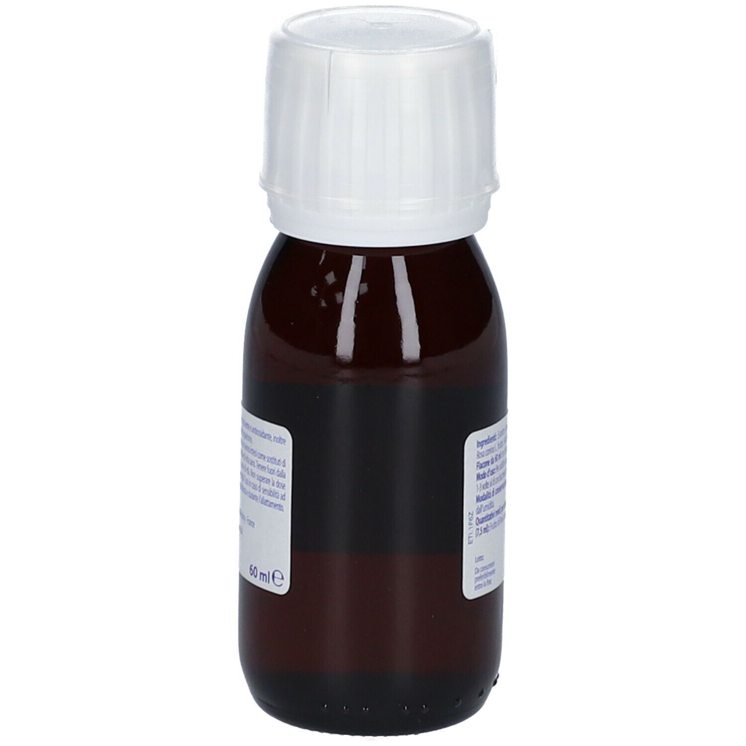 Flacone di vetro marrone con tappo bianco. Etichetta con informazioni sul prodotto. Scritto: Ricostituente Rosa canina. Volume: 60 ml.