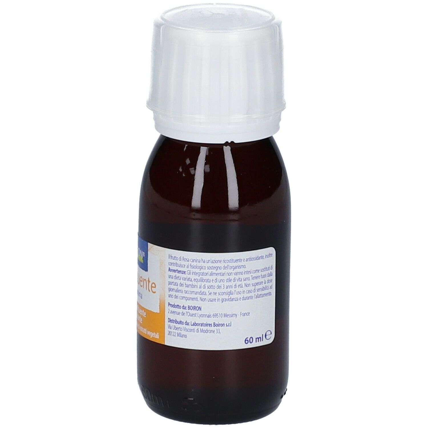 Flacone di vetro marrone con tappo bianco. Etichetta con informazioni sul prodotto. Scritto: Ricostituente Rosa canina. Volume: 60 ml.