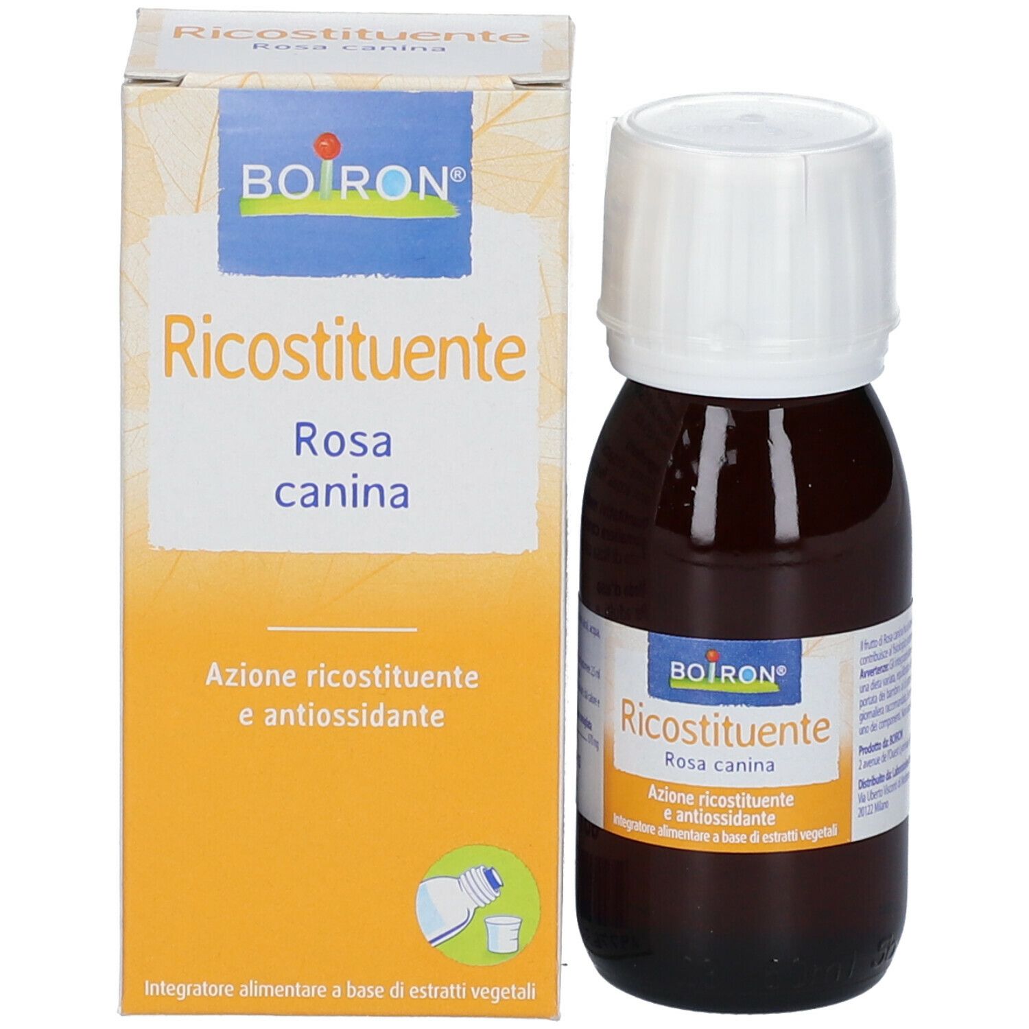 Flacone di vetro marrone con tappo bianco ed etichetta. Scatola con informazioni sul prodotto. Scritto: BOIRON, Ricostituente Rosa canina.