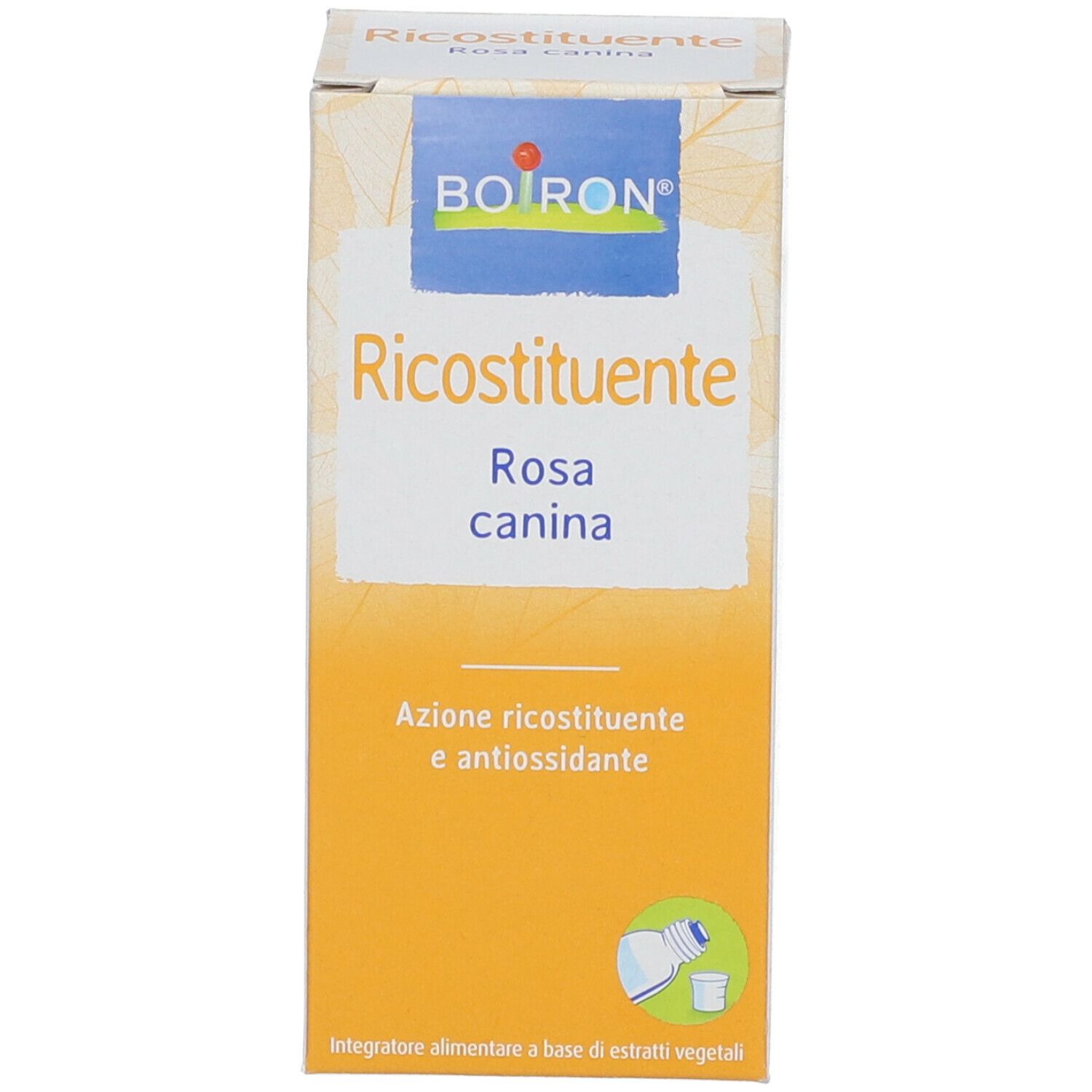 Confezione del prodotto. Scatola con informazioni sul prodotto. Scritto: BOIRON, Ricostituente Rosa canina.