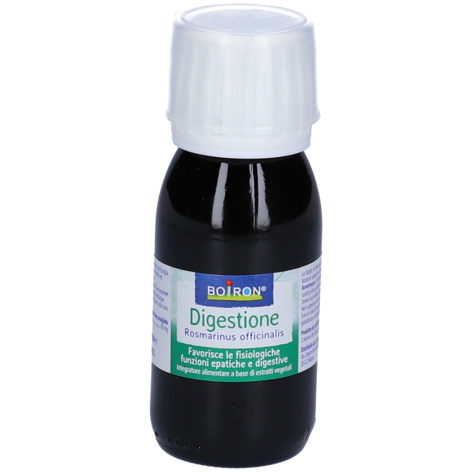 Flacone di vetro marrone con tappo bianco. Etichetta con nome del prodotto e marchio BOIRON®.