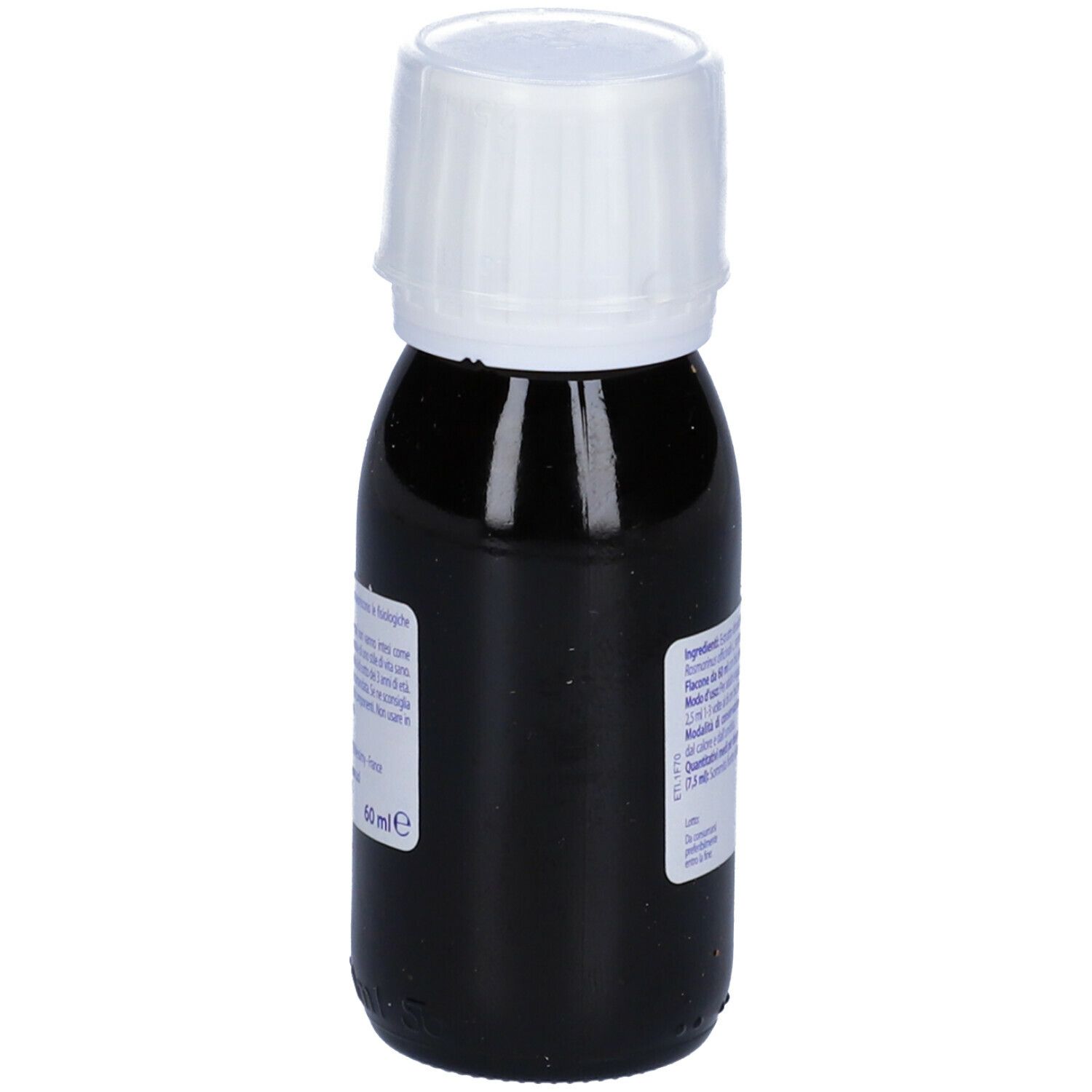 Flacone di vetro marrone con tappo bianco. Etichetta con informazioni sul prodotto, 60 ml.