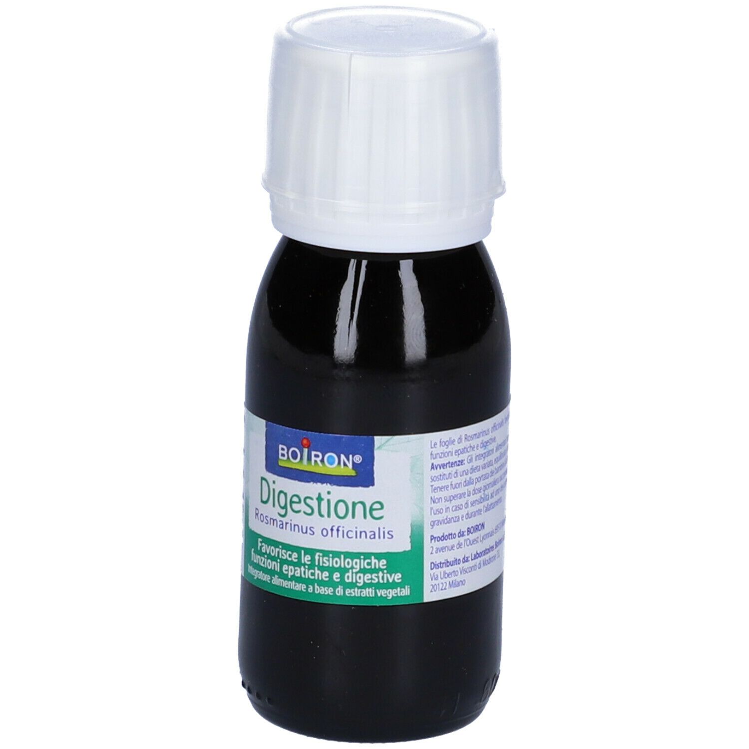 Flacone di vetro marrone con tappo bianco. Etichetta con nome del prodotto e marchio BOIRON®.