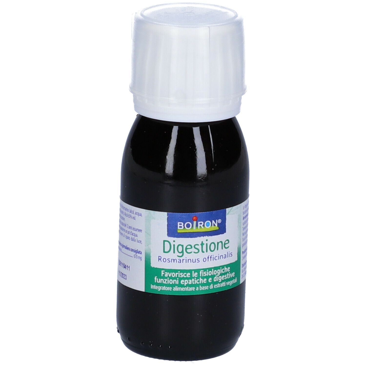 Flacone di vetro marrone con tappo bianco. Etichetta con nome del prodotto e marchio BOIRON®.