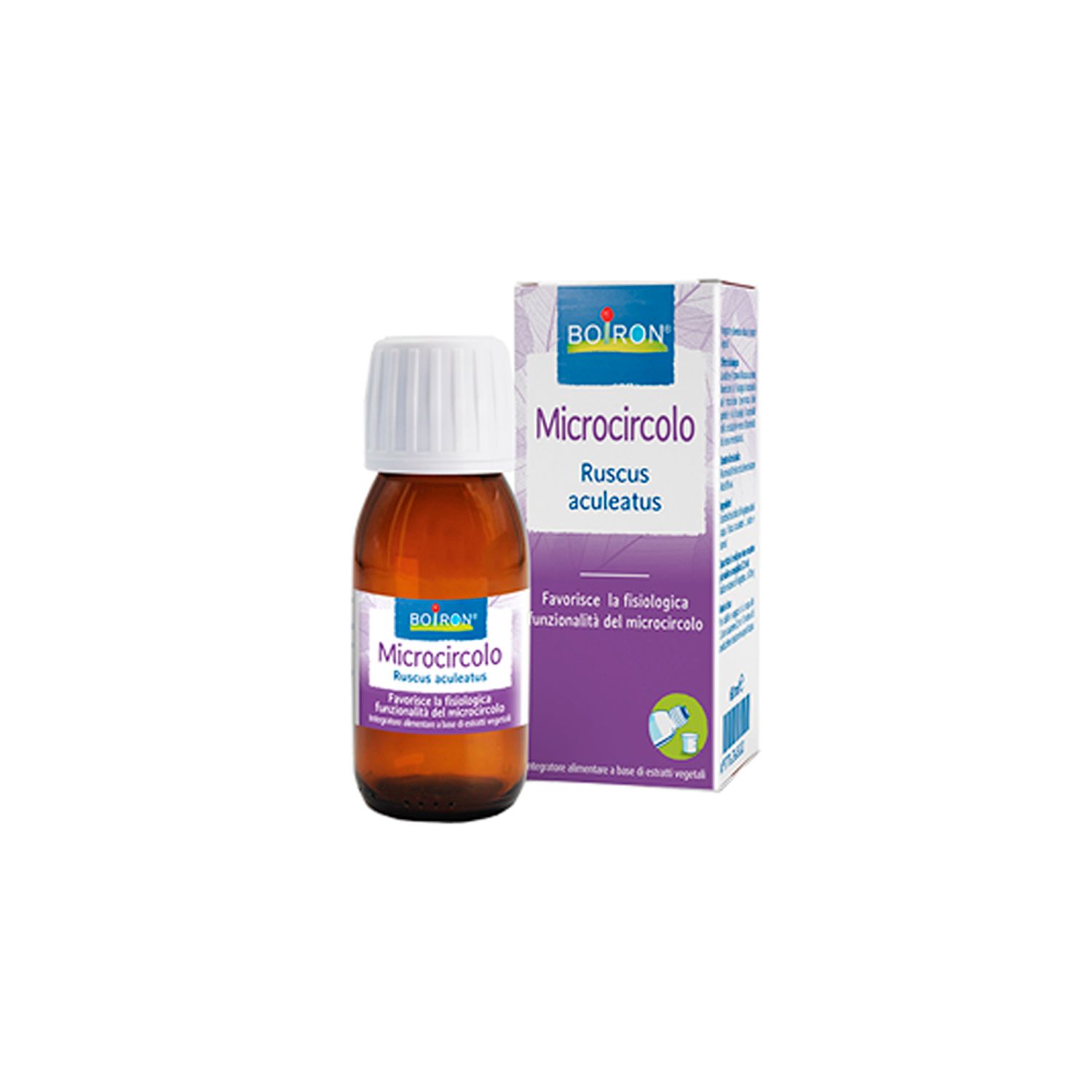 Flacone di vetro marrone con tappo bianco e scatola. Scritta: BOIRON Microcircolo Ruscus aculeatus.