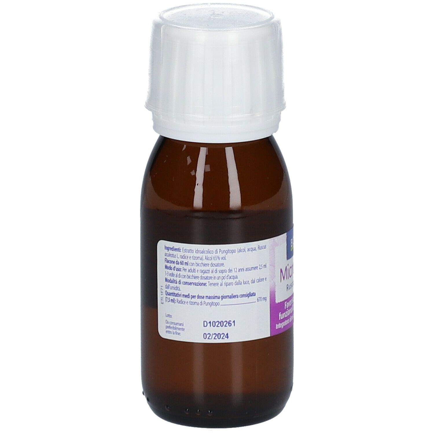 Flacone di vetro marrone con tappo bianco. Scritta: BOIRON Microcircolo. Etichetta con ingredienti.