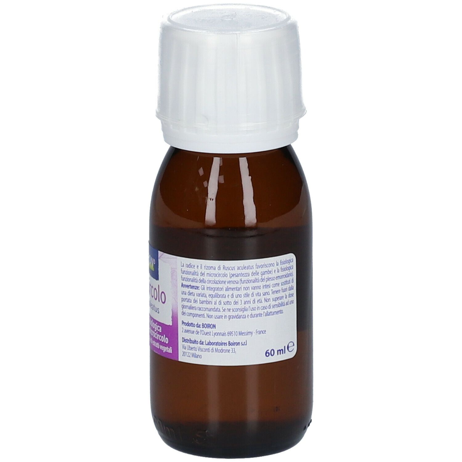 Flacone di vetro marrone con tappo bianco. Scritta: BOIRON Microcircolo. Etichetta con ingredienti.