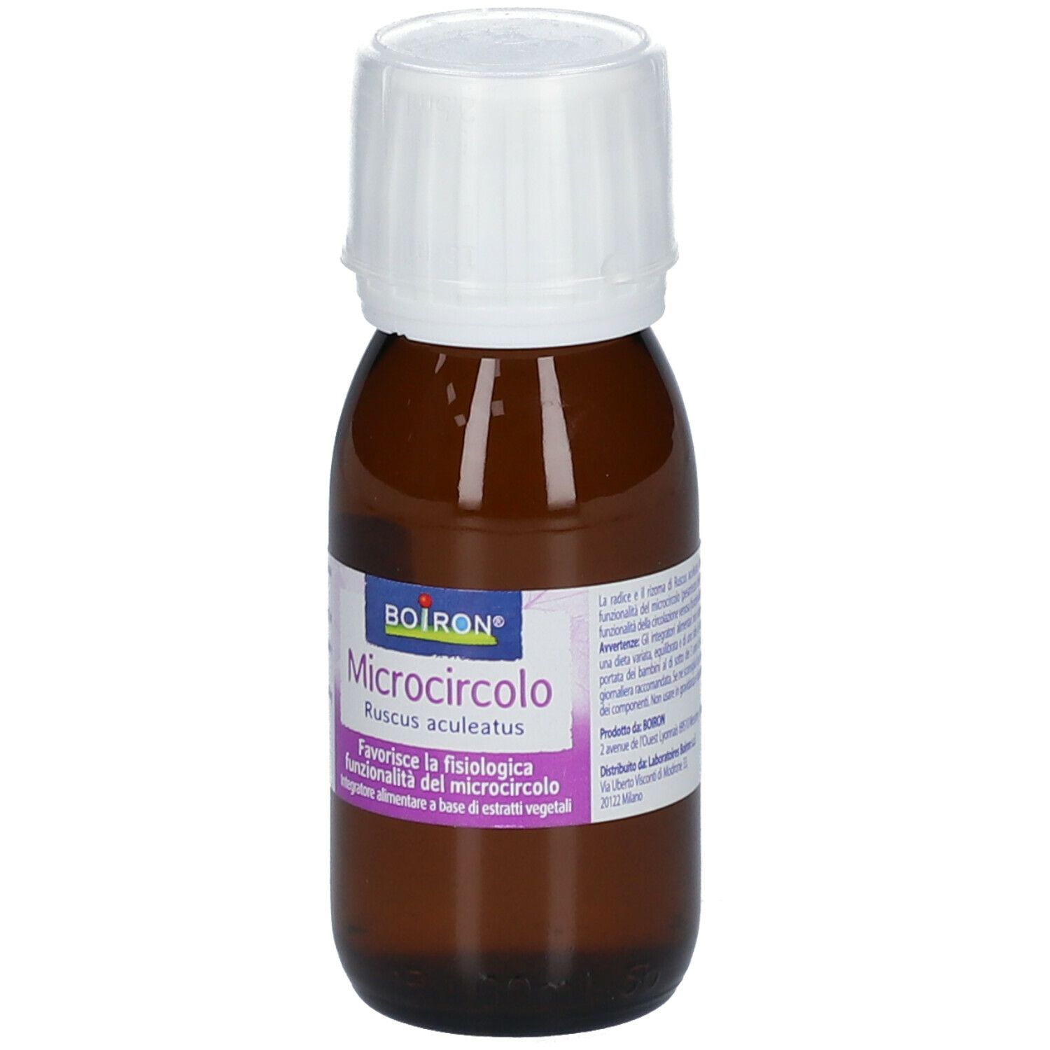 Flacone di vetro marrone con tappo bianco. Scritta: BOIRON Microcircolo. Etichetta con ingredienti.