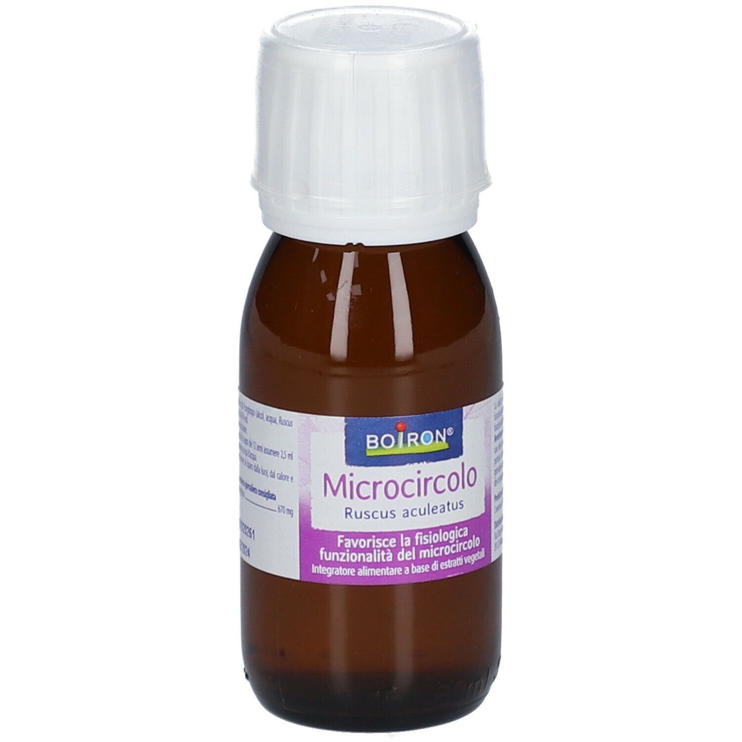 Flacone di vetro marrone con tappo bianco. Scritta: BOIRON Microcircolo. Etichetta con ingredienti.