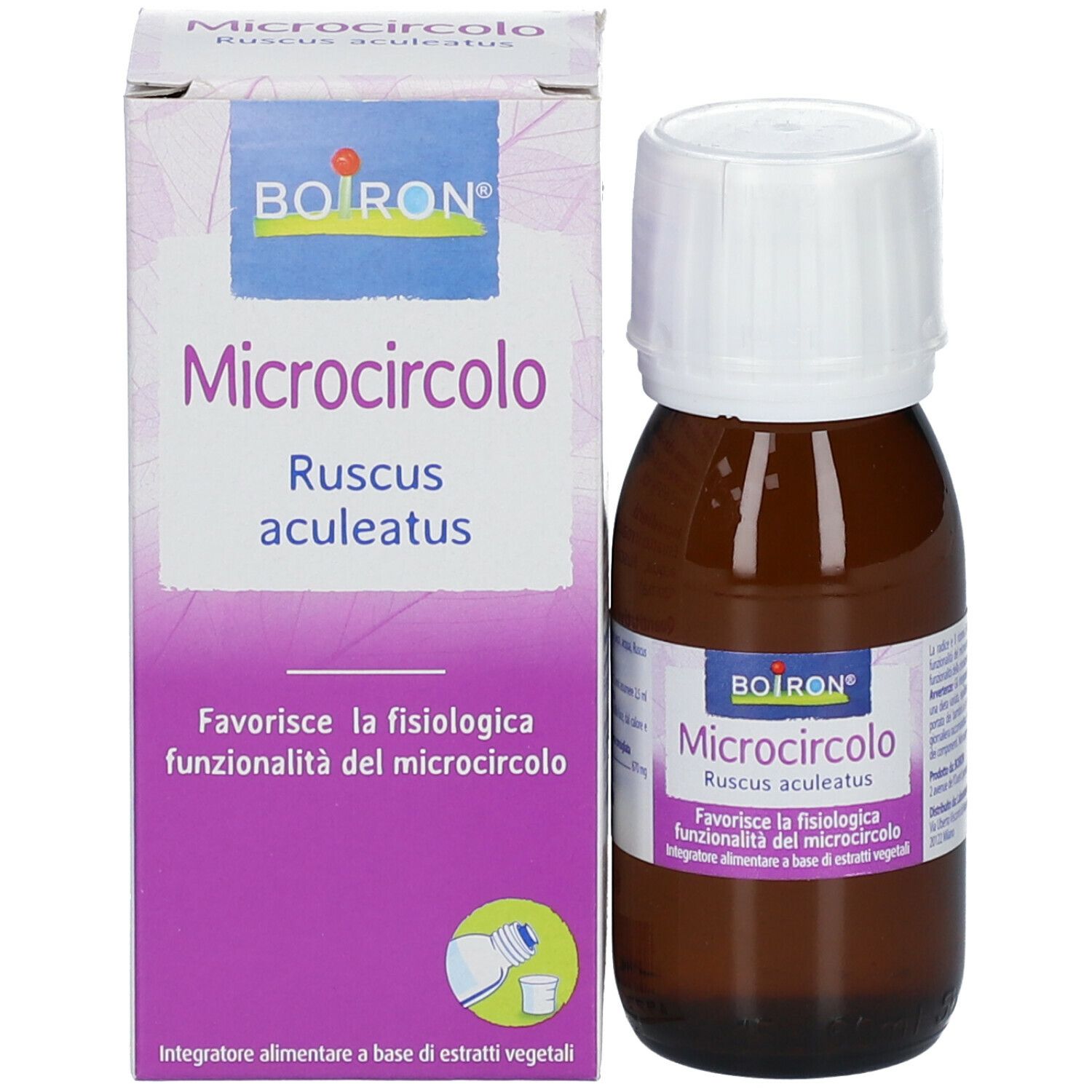 Flacone di vetro marrone con tappo bianco e scatola. Scritta: BOIRON Microcircolo Ruscus aculeatus.