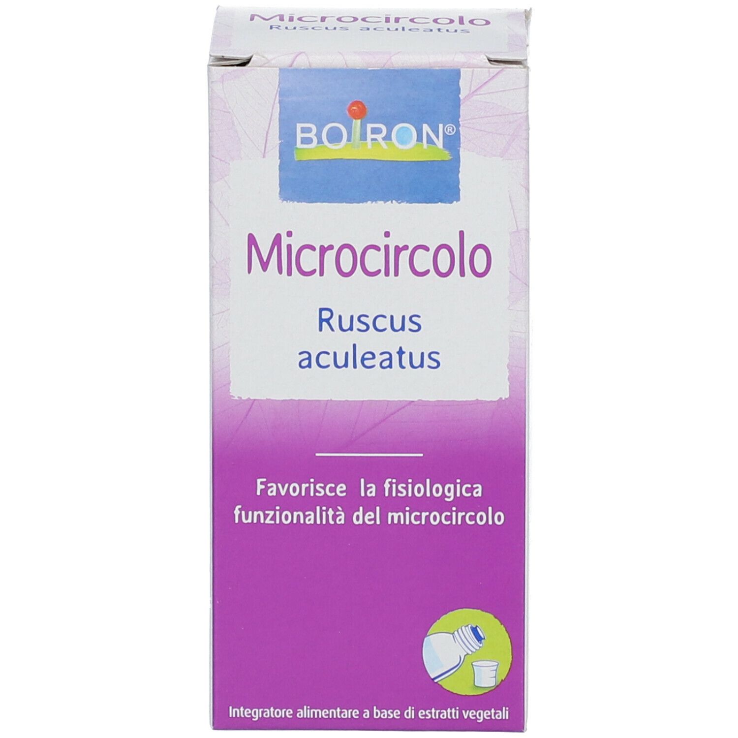 Scatola con scritta: BOIRON Microcircolo Ruscus aculeatus. Viola e bianco.