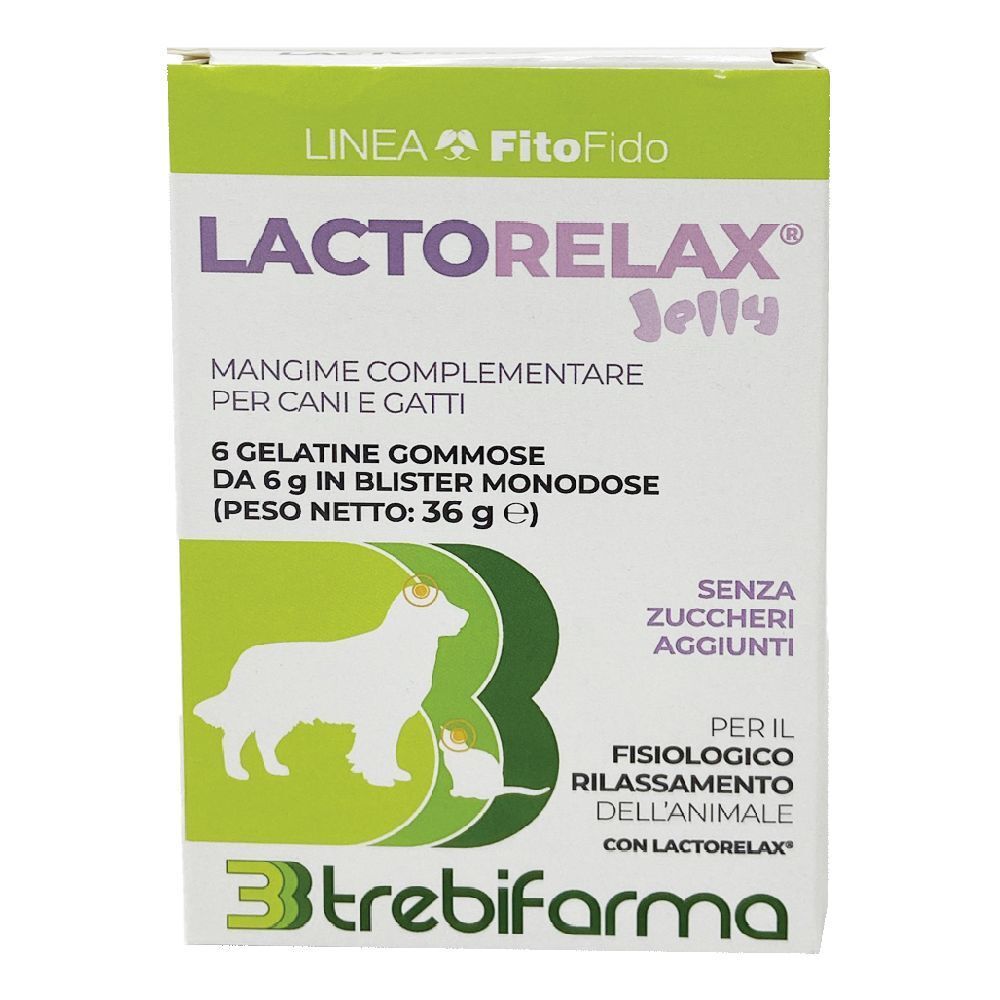 Confezione di Lactorelax Jelly. Contiene 6 gelatine in blister monodose. Logo e testo per cani e gatti.