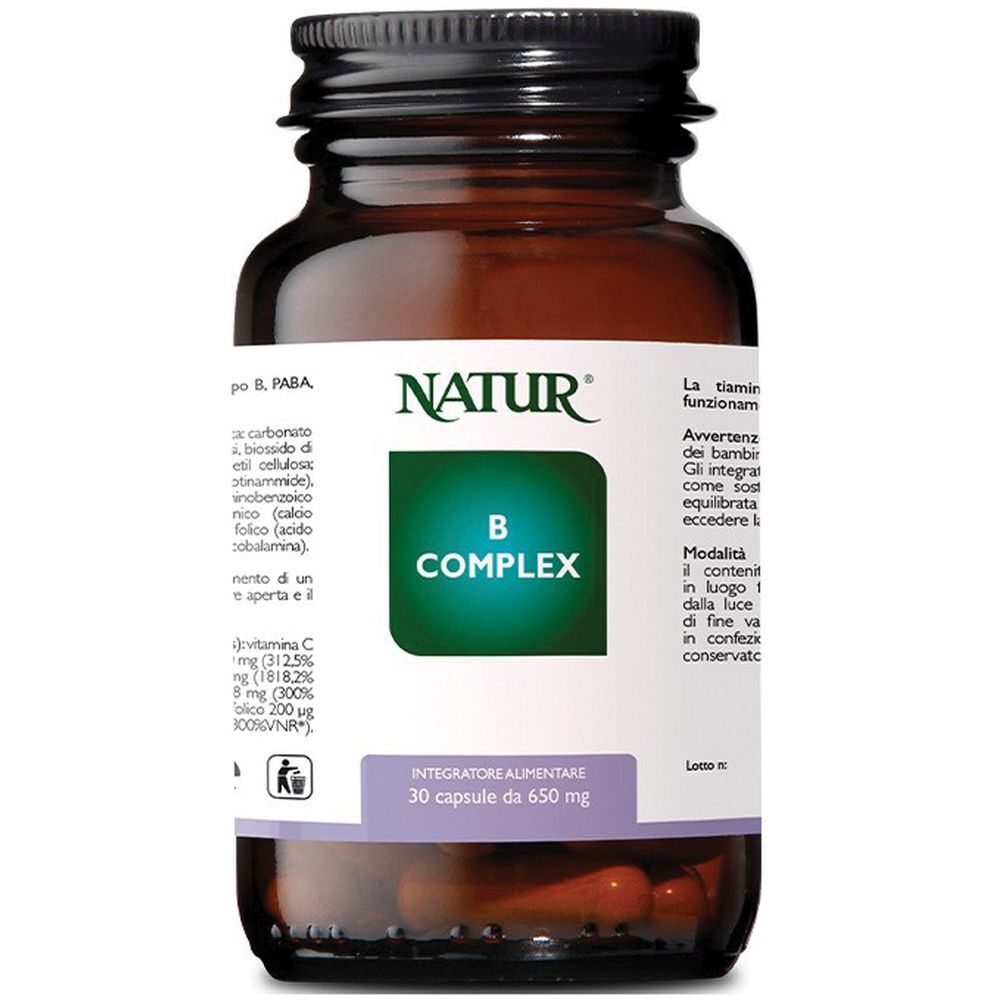 Flacone di vetro marrone con tappo nero. Scritta NATUR, B COMPLEX. 30 capsule, 650 mg.