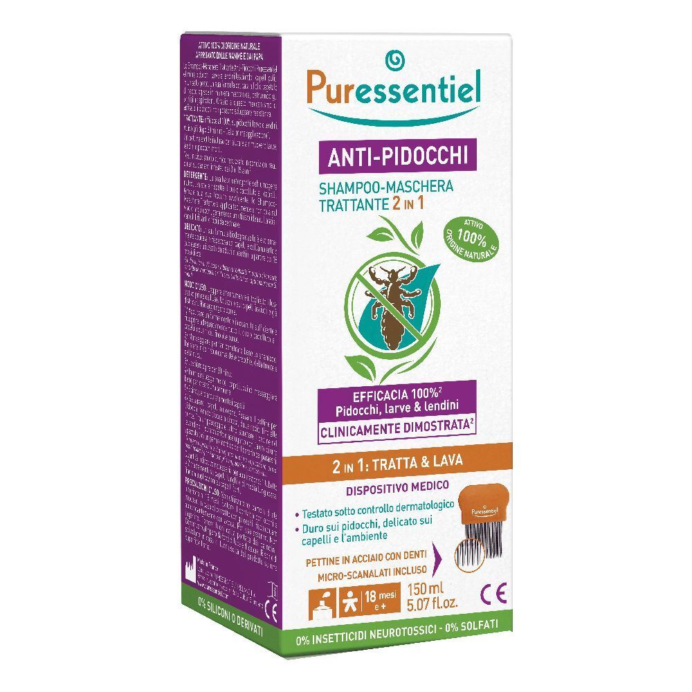 Puressentiel Anti-Pidocchi Shampoo Trattante 2 in 1. Confezione con informazioni. Include pettine. Dispositivo medico.