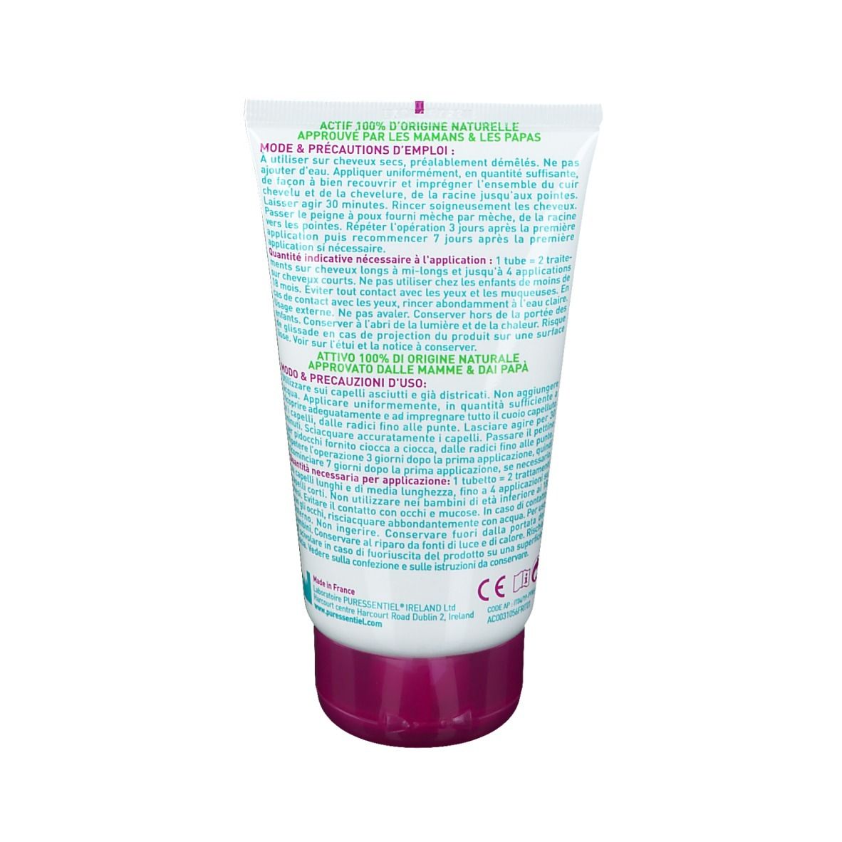 Retro del Puressentiel Anti-Pidocchi Shampoo Trattante 2 in 1. Testo in francese. Tubo viola e bianco.