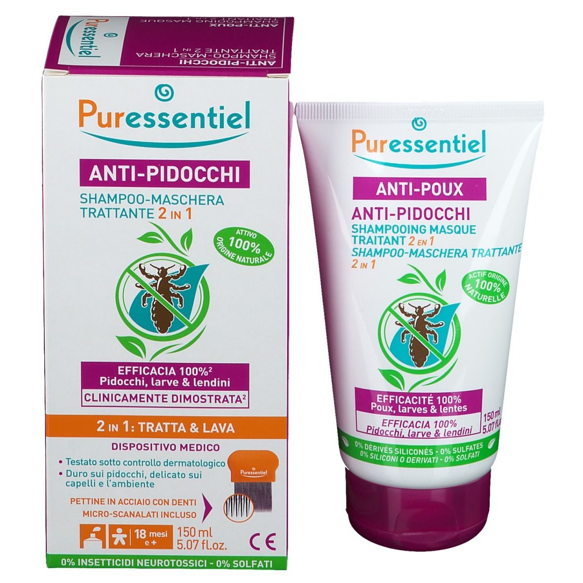 Puressentiel Anti-Pidocchi Shampoo Trattante 2 in 1. Prodotto e confezione. Tubo bianco, scatola. Pettine.