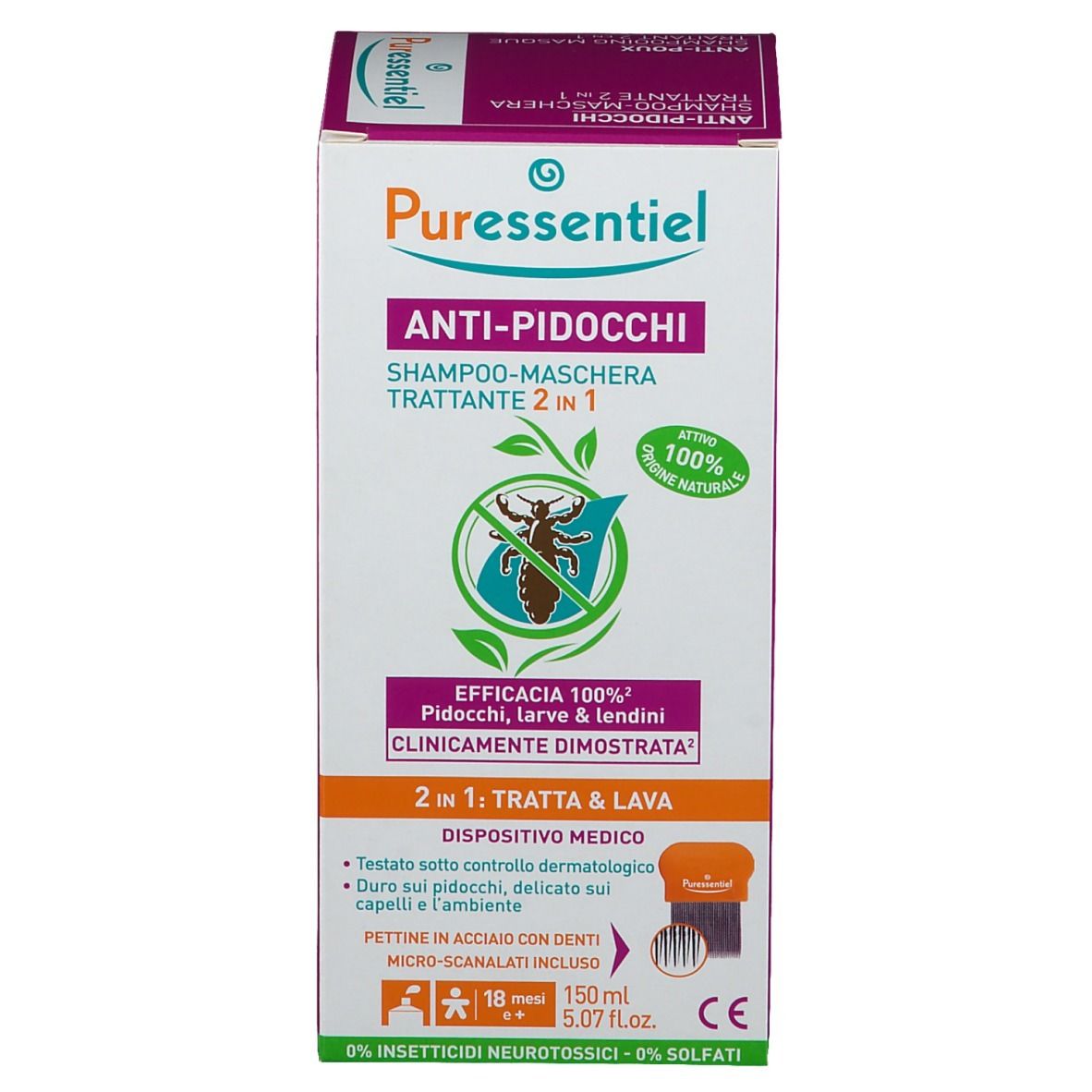 Puressentiel Anti-Pidocchi Shampoo Trattante 2 in 1. Confezione. Tubo bianco e scatola. Pettine.