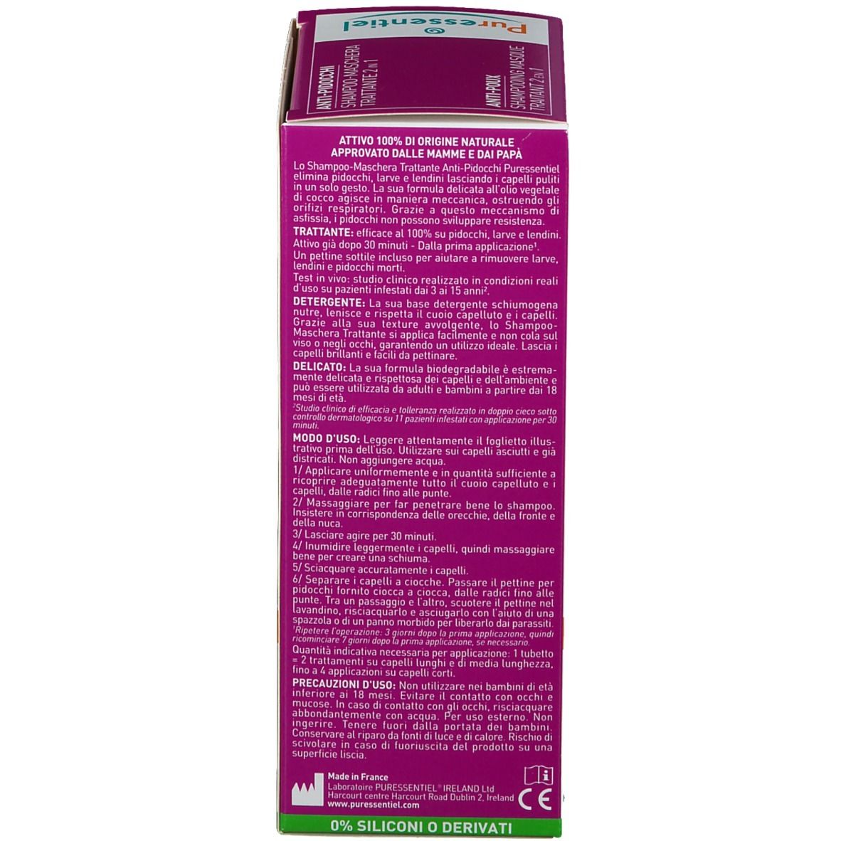 Retro della confezione Puressentiel Anti-Pidocchi Shampoo Trattante 2 in 1. Testo in francese. Viola e bianco.