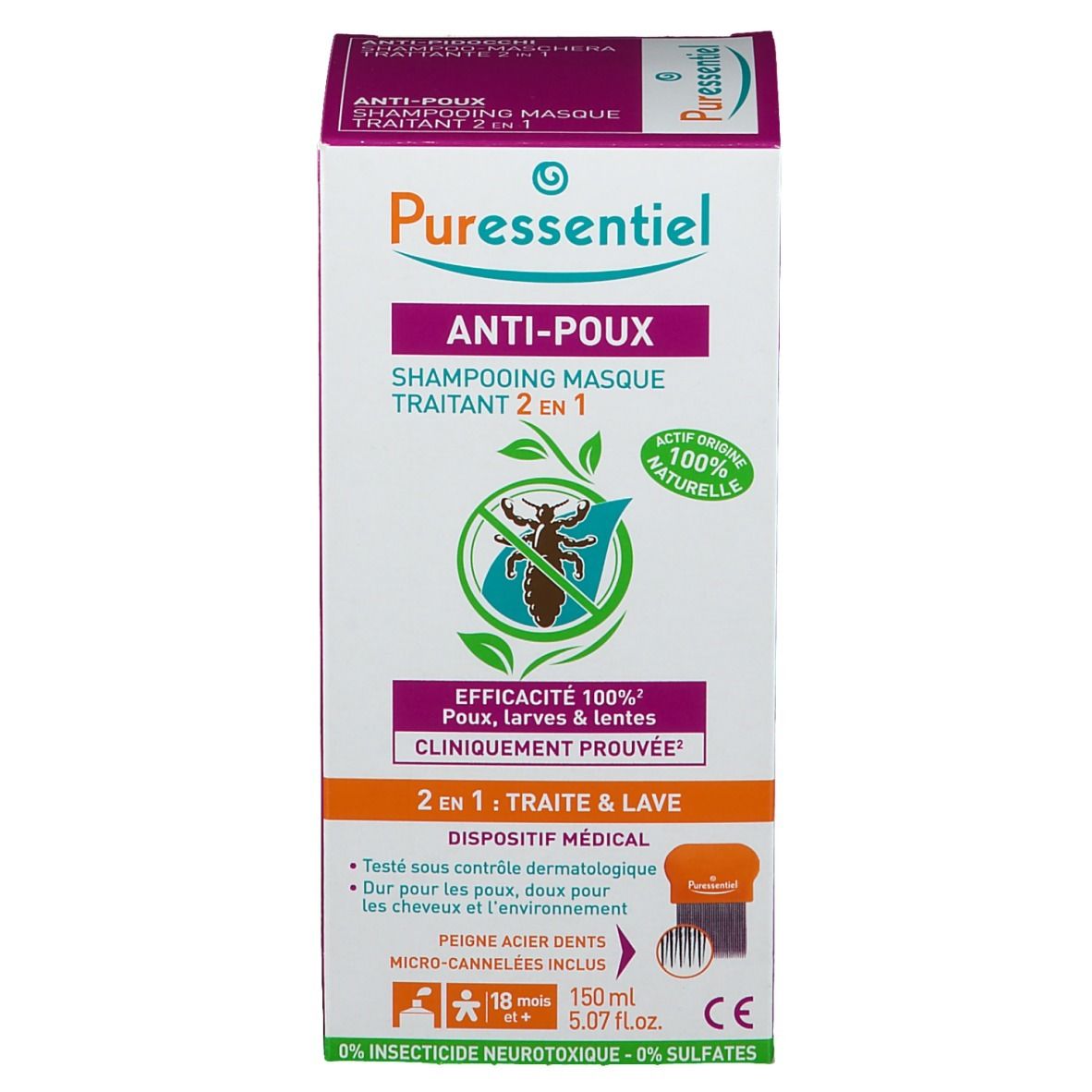 Puressentiel Anti-Poux Shampooing Masque Trattante 2 in 1. Confezione. Tubo bianco e scatola. Pettine.