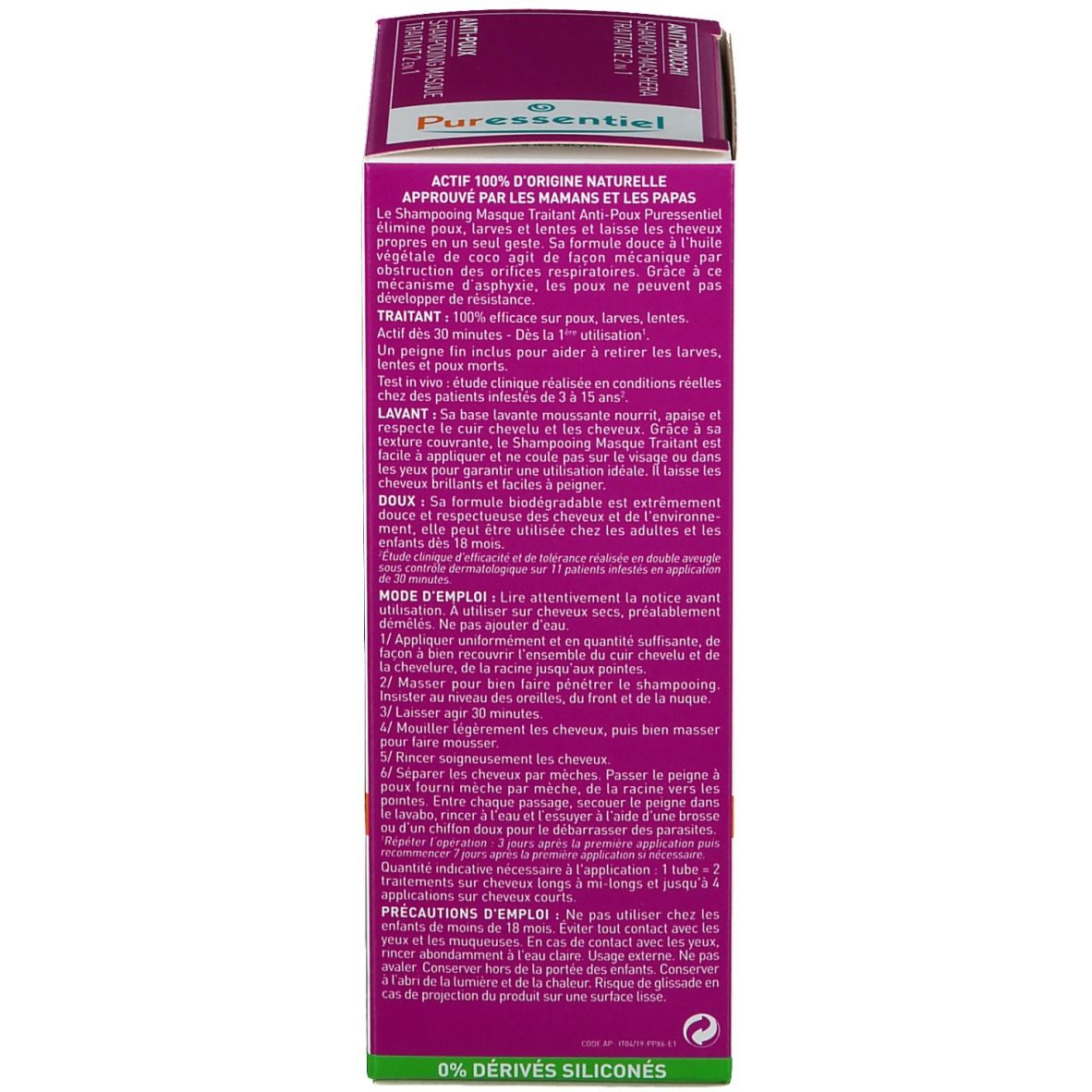 Retro della confezione Puressentiel Anti-Poux Shampooing Masque Trattante 2 in 1. Testo in francese. Viola e bianco.