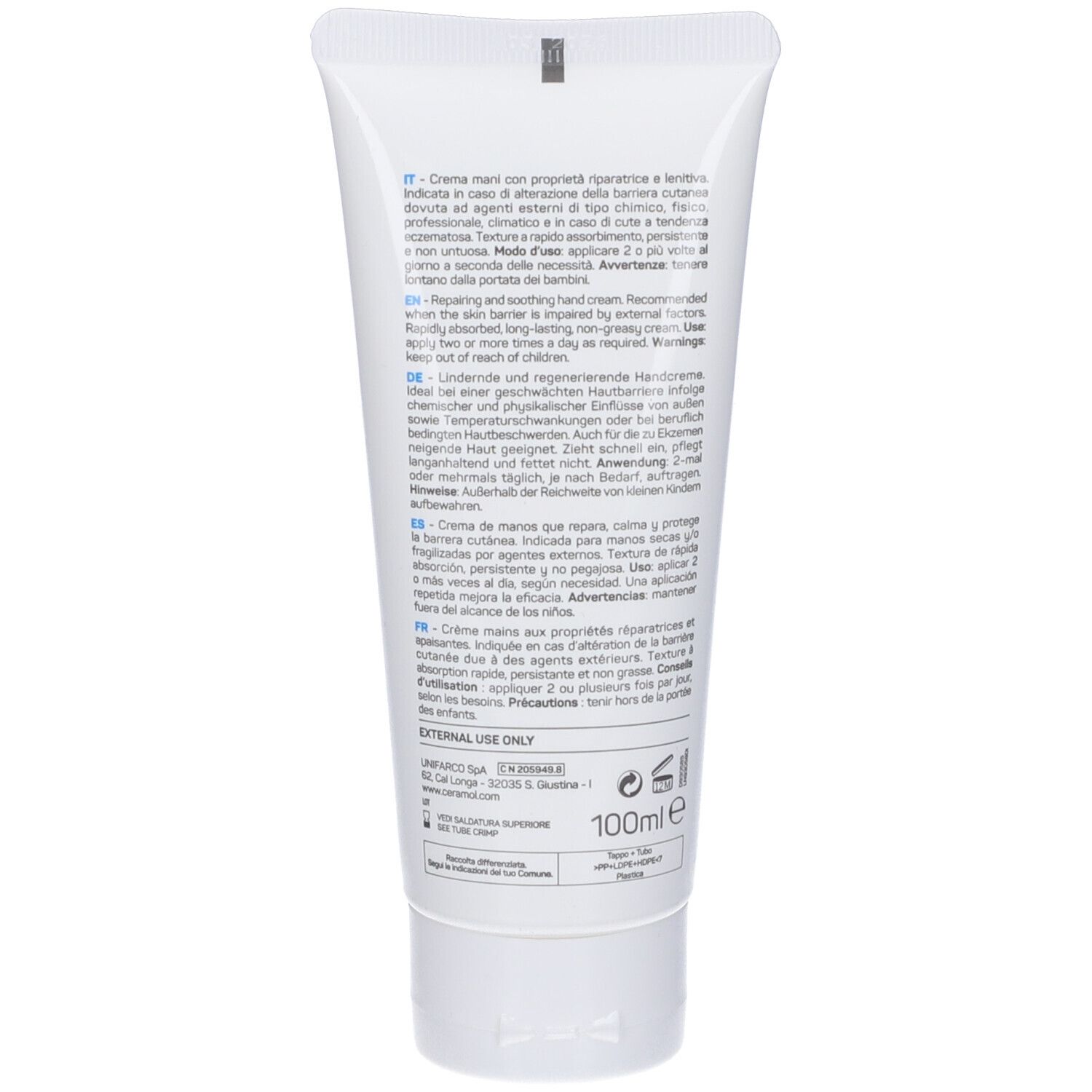 Dos du tube blanc de crème pour les mains Ceramol 311. Texte en plusieurs langues. Contient des informations sur l'utilisation et les ingrédients.