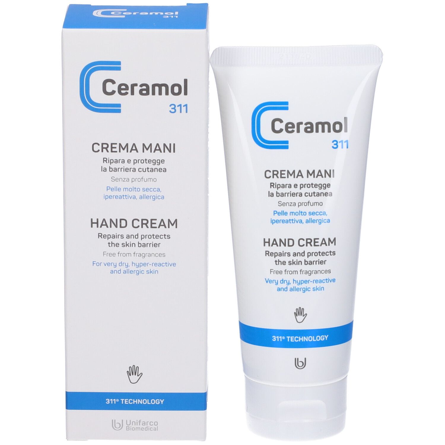 Crème pour les mains Ceramol 311 et emballage. Tube et boîte blancs avec logo et texte bleus. CREMA MANI, HAND CREAM.