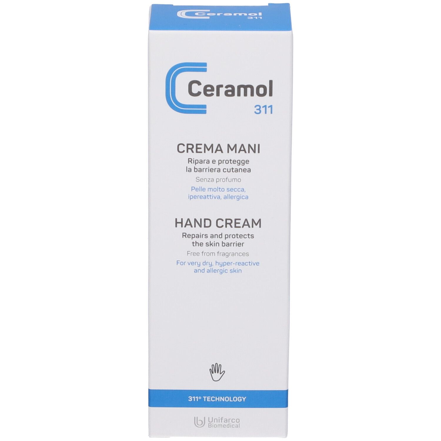 Boîte blanche de crème pour les mains Ceramol 311. Logo et texte bleus. CREMA MANI, HANDCREME, HAND CREAM. Pour peaux très sèches, hyperréactives.