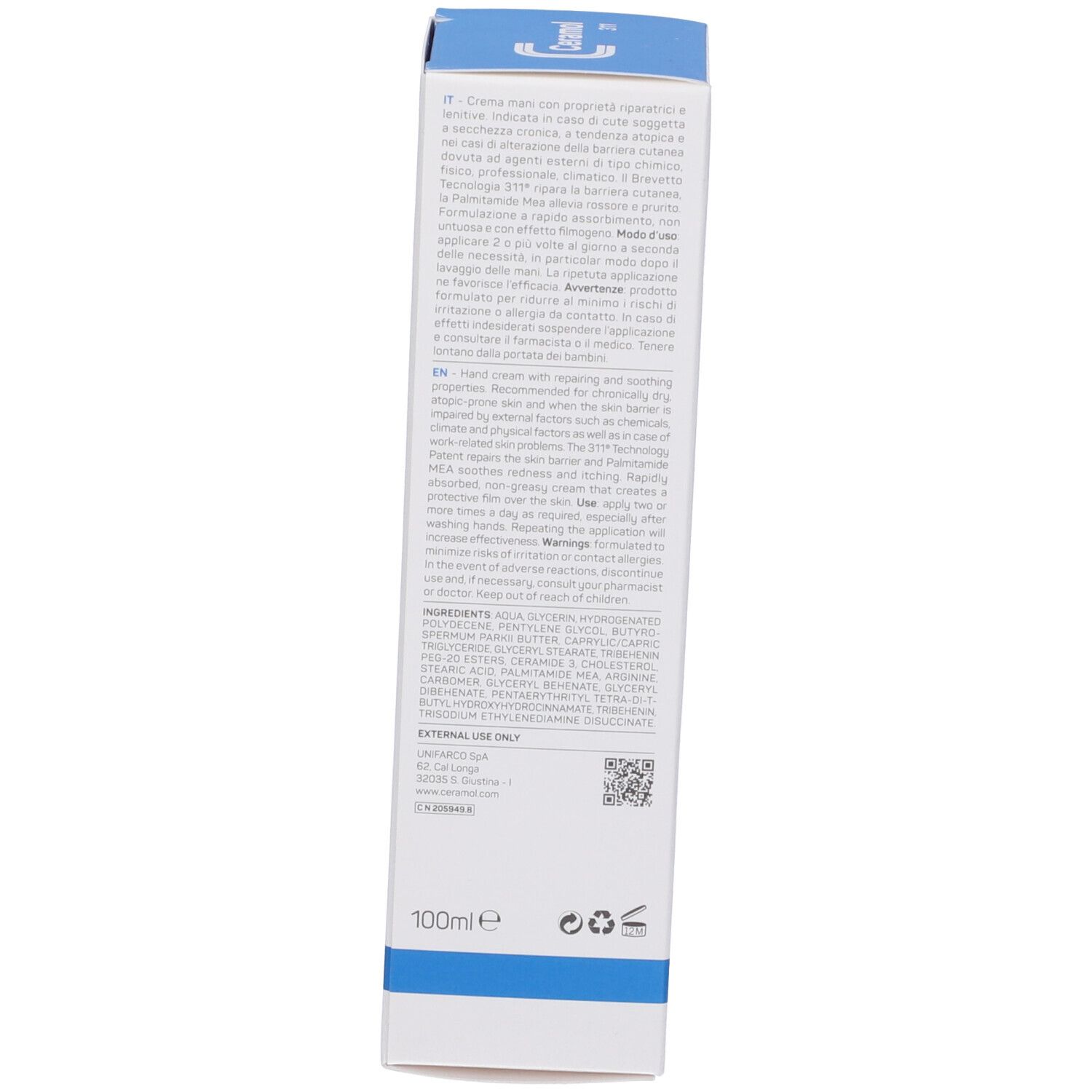 Dos de la boîte de crème pour les mains Ceramol 311. Texte en plusieurs langues. Contient des informations sur l'utilisation et les ingrédients.