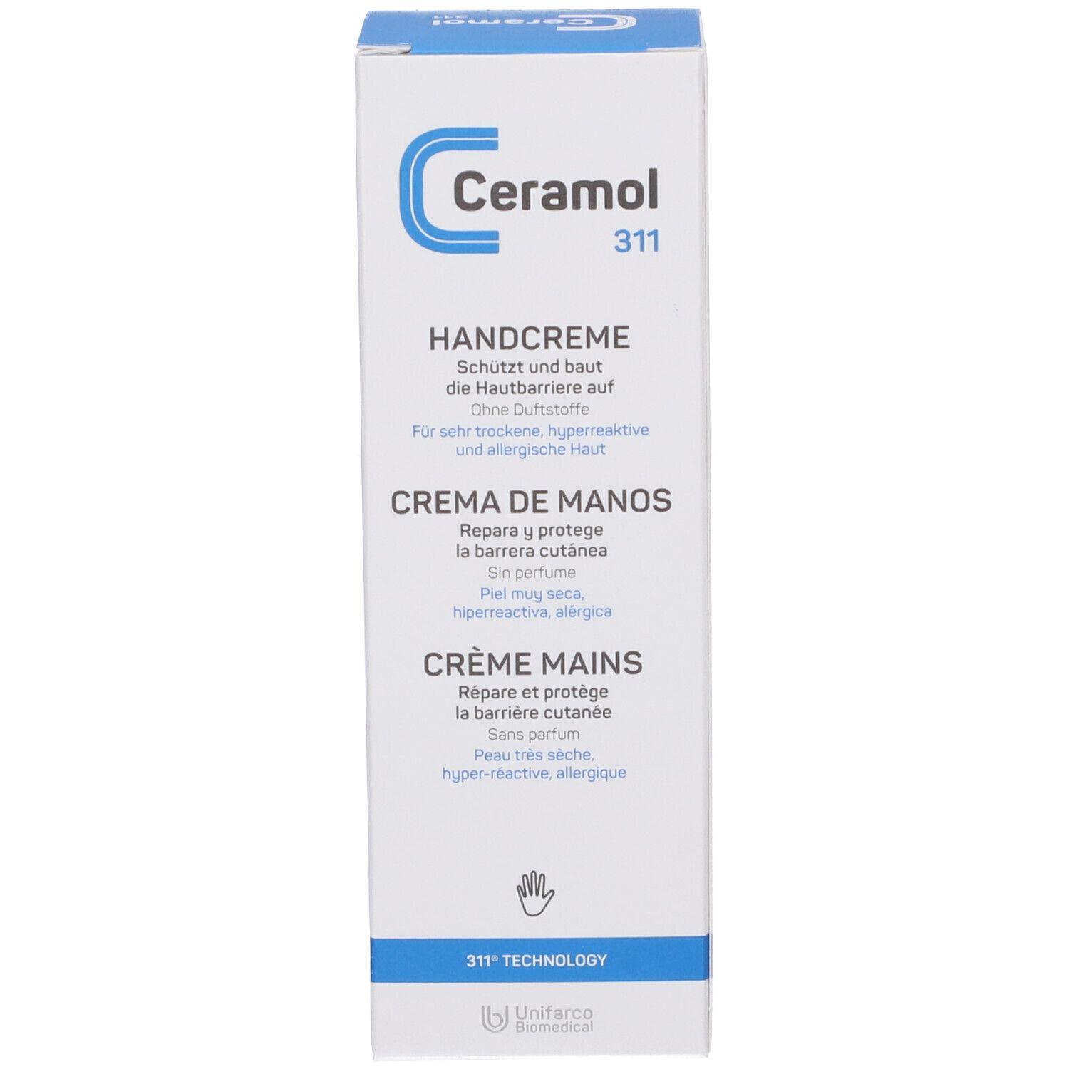 Boîte de crème pour les mains Ceramol 311. Texte en allemand, espagnol et français. Handcreme, Creme de manos, Crème mains.