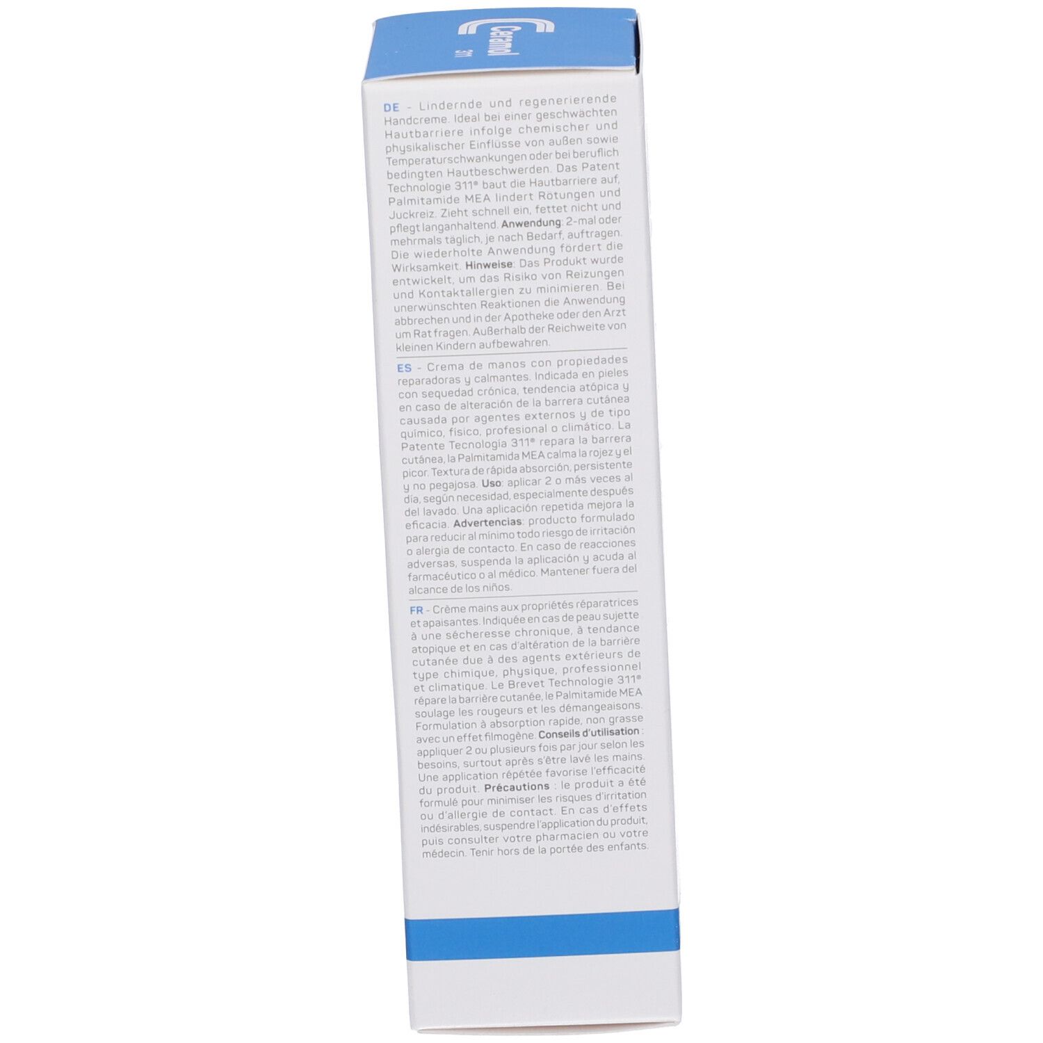 Côté de la boîte de crème pour les mains Ceramol 311. Texte en plusieurs langues. Contient des informations sur l'utilisation et les ingrédients.