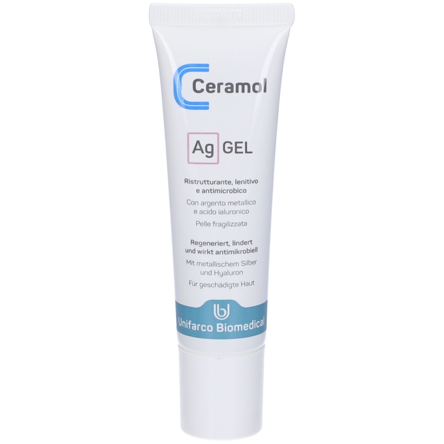 Tubo di Ceramol Ag GEL. Bianco, con testo blu e nero. Contiene informazioni sugli ingredienti e l'uso.