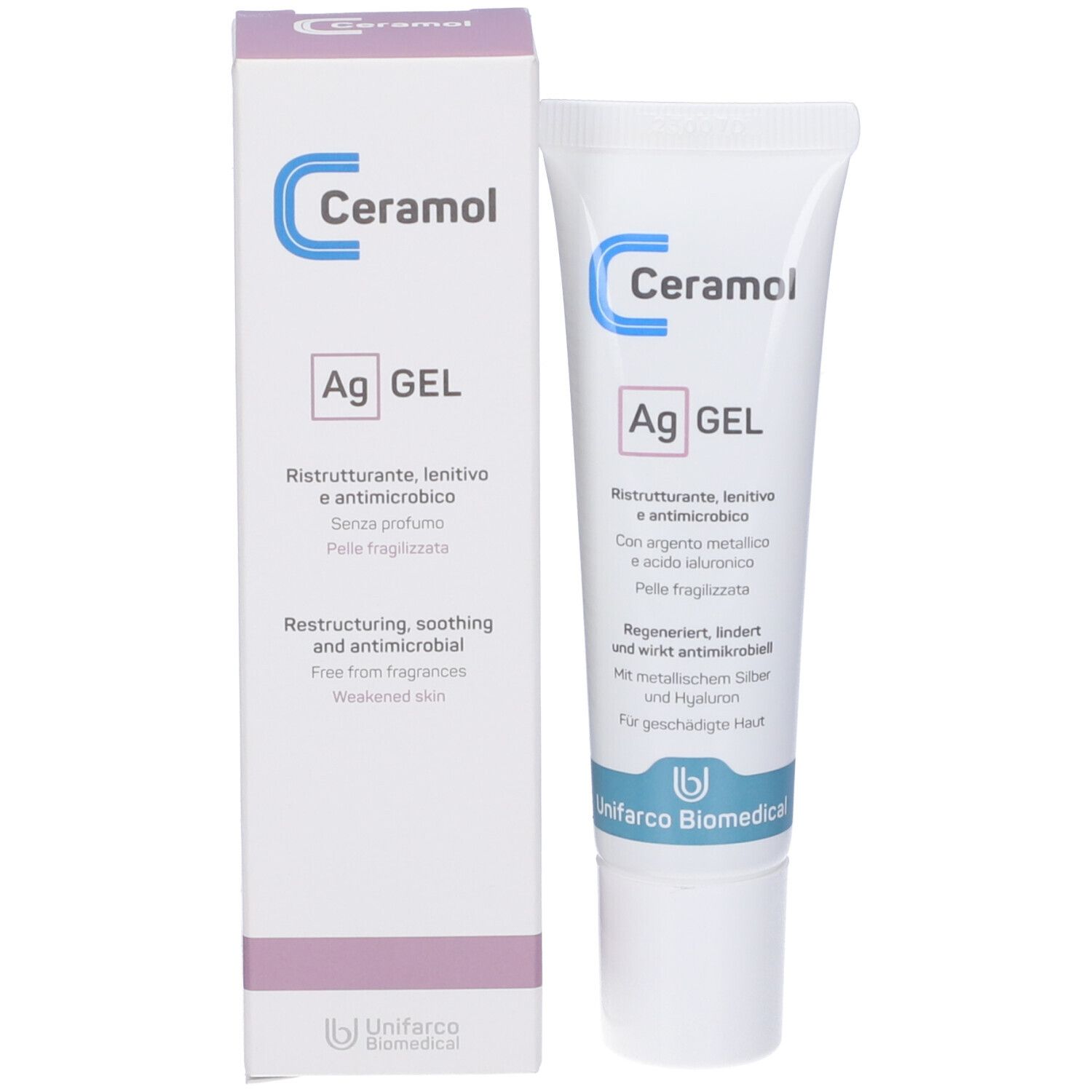 Tubo e confezione Ceramol Ag GEL. Bianco con testo blu e nero. Confezione con informazioni sul prodotto.