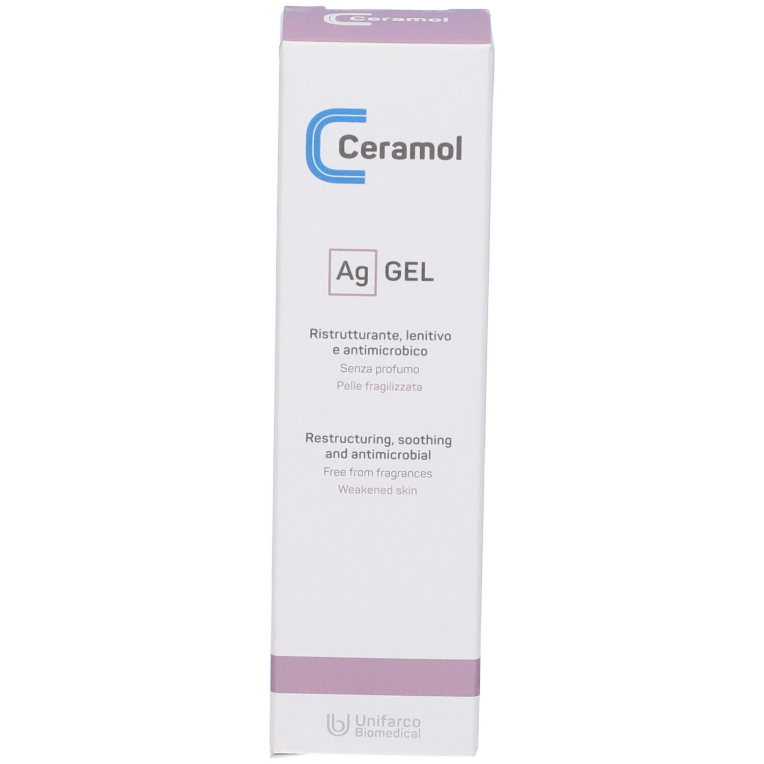 Confezione Ceramol Ag GEL. Bianco con testo blu e nero. Contiene informazioni sul prodotto e il logo del marchio.