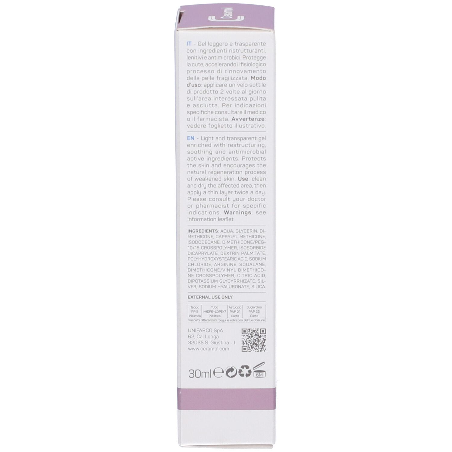 Retro della confezione Ceramol Ag GEL. Contiene informazioni sugli ingredienti e l'uso in diverse lingue.
