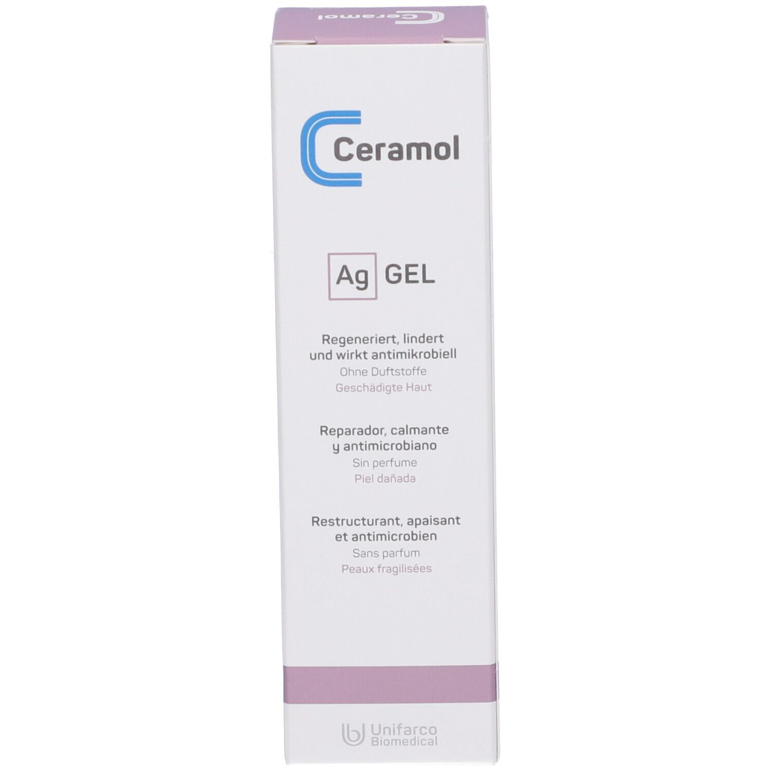 Confezione Ceramol Ag GEL. Bianco con testo blu e nero. Contiene informazioni sul prodotto e il logo del marchio.