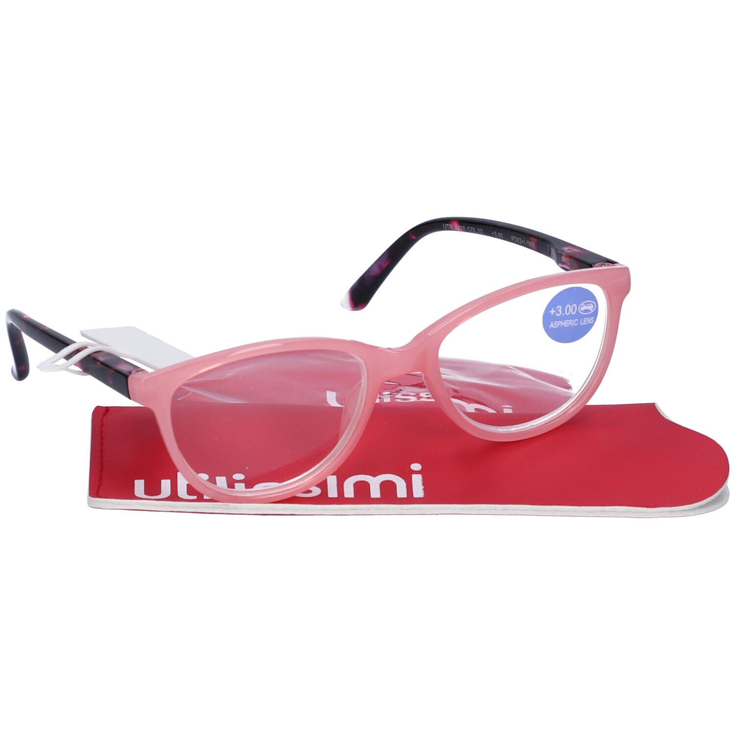 Occhiali da lettura rosa +3,00 diottrie, custodia rossa. Aste decorate. Adesivo blu. "UTILISSIMI" sulla custodia.
