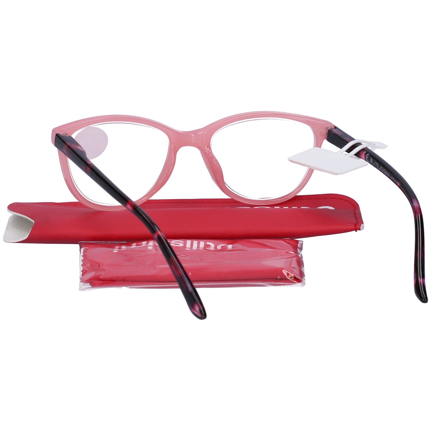 Occhiali da lettura rosa +3,00 diottrie, custodia rossa, panno. Aste decorate. Adesivo. "UTILISSIMI" sulla custodia.