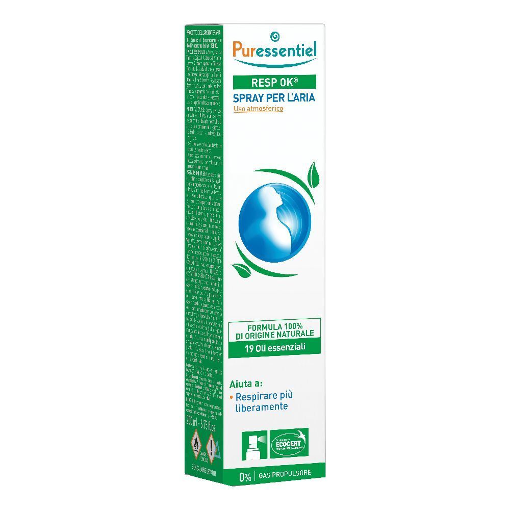 Confezione Puressentiel Resp Ok® Spray. Bianca, elementi verdi e blu. Testo: Resp Ok®, Spray per l'aria, 19 oli essenziali.