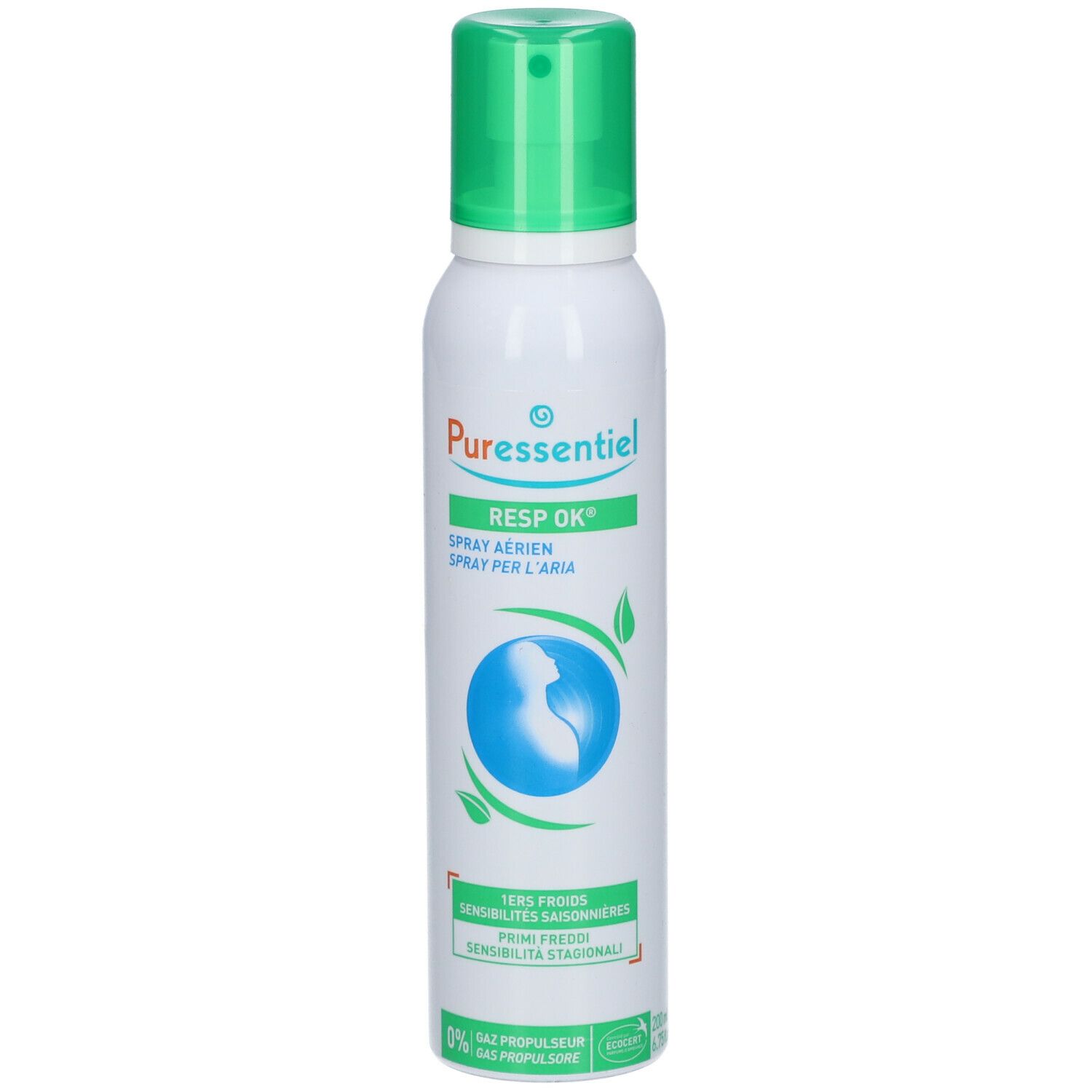 Flacone spray bianco, erogatore verde. Testo: Puressentiel, Resp Ok®, Spray per l'aria. Grafica blu, foglie verdi.
