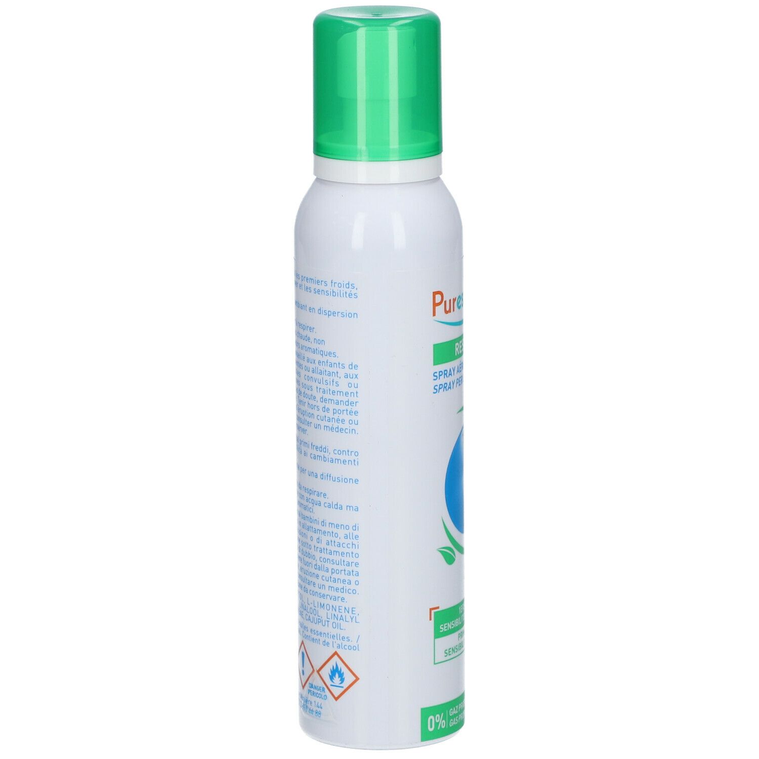 Flacone spray bianco, erogatore verde. Retro con testo e pittogrammi. Testo: Puressentiel, Resp Ok® Spray per l'aria.