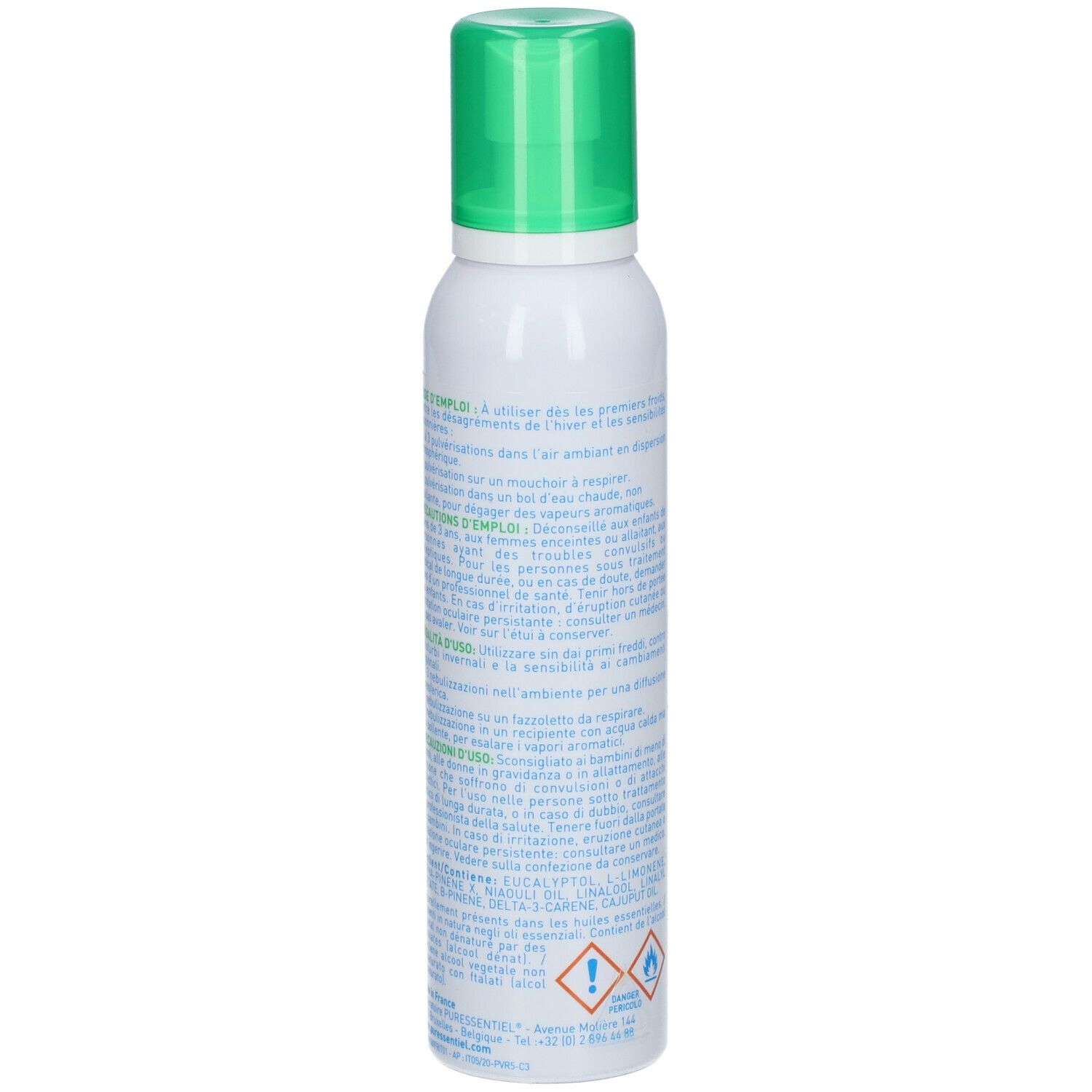 Flacone spray bianco, erogatore verde. Retro con testo e pittogrammi. Testo: Puressentiel, Resp Ok® Spray per l'aria.