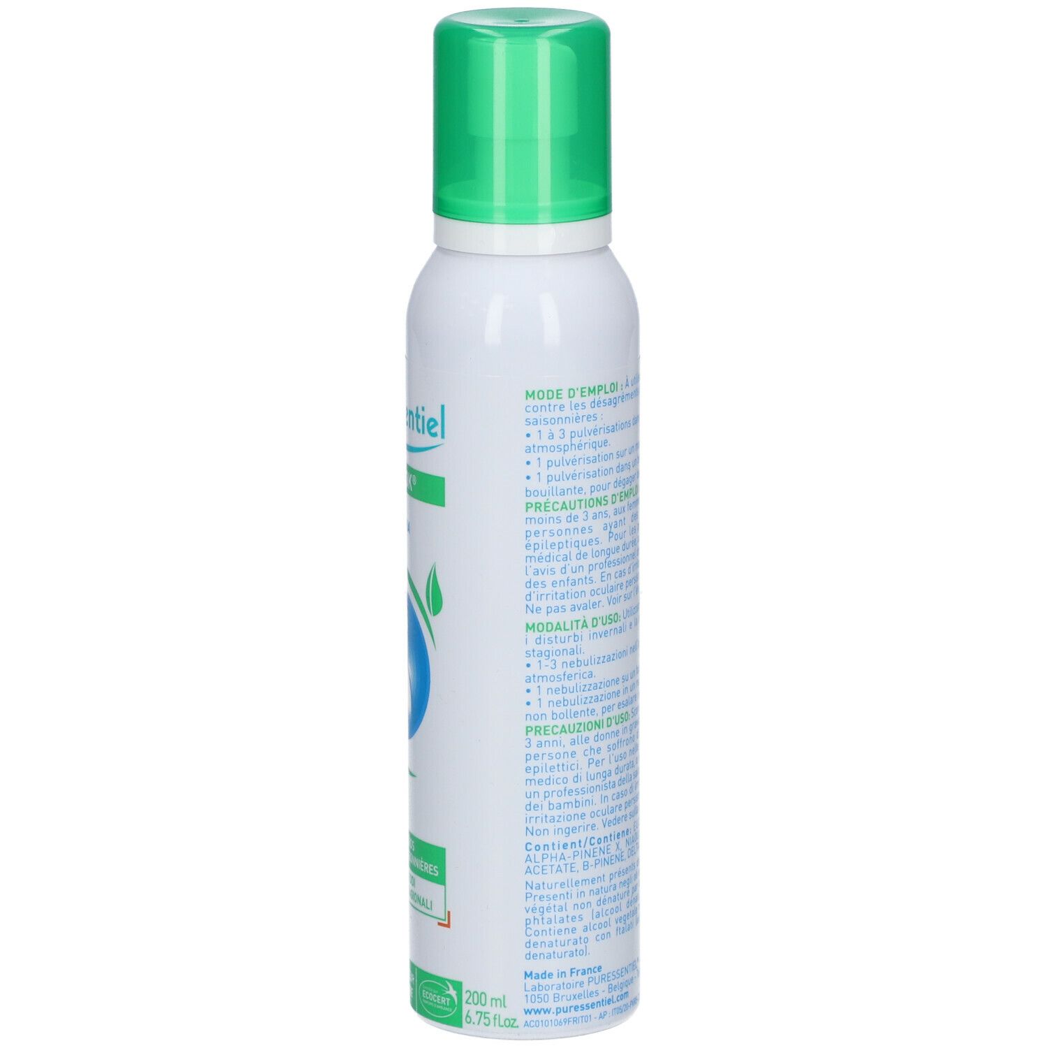 Flacone spray bianco, erogatore verde. Retro con testo e pittogrammi. Testo: Puressentiel, Resp Ok® Spray per l'aria.