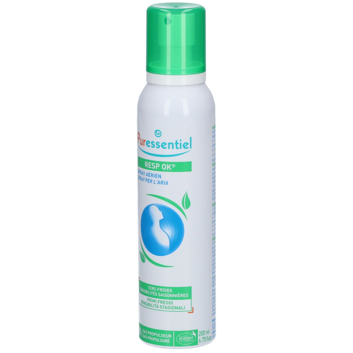 Flacone spray bianco, erogatore verde. Testo: Puressentiel, Resp Ok®, Spray per l'aria. Grafica blu, foglie verdi.