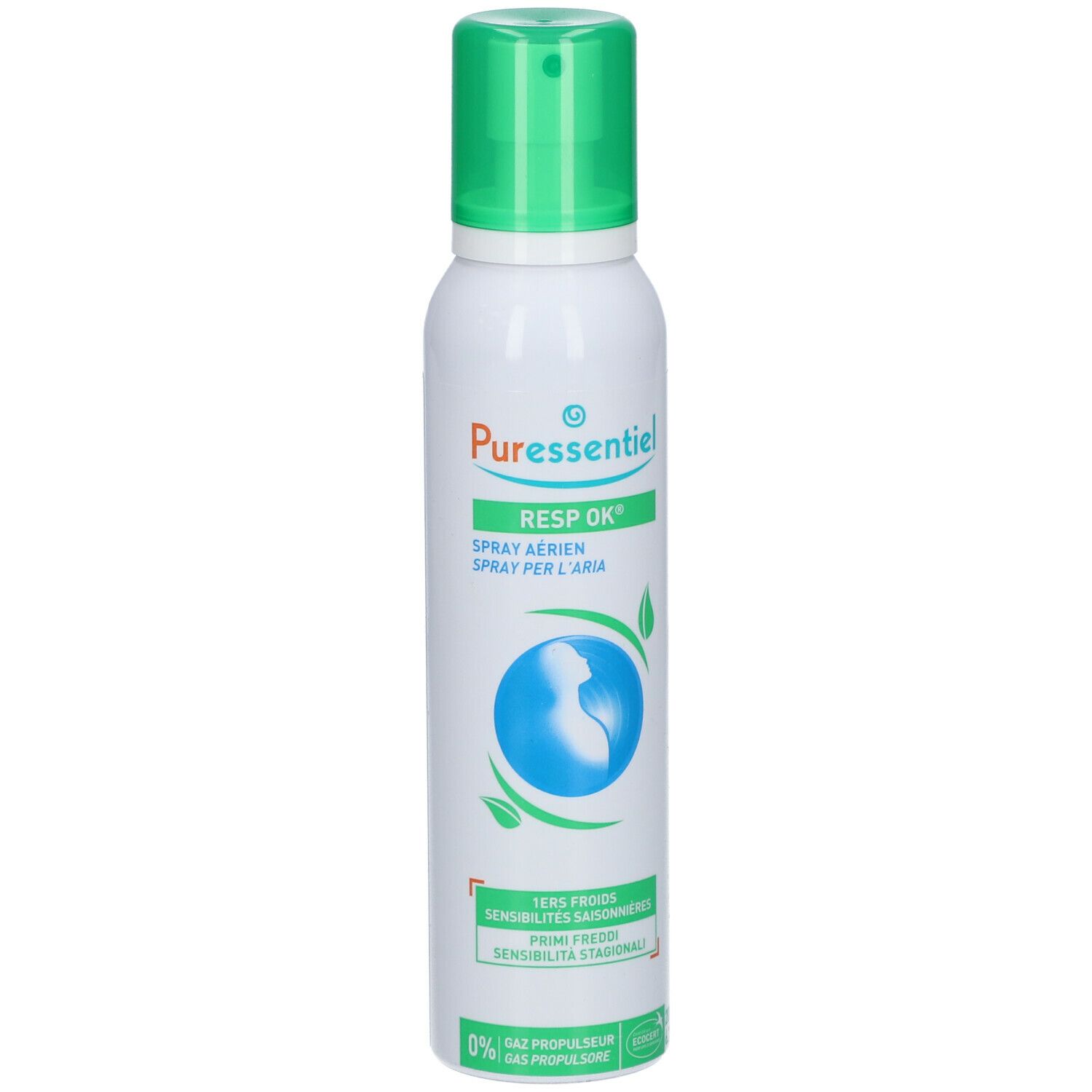Flacone spray bianco, erogatore verde. Testo: Puressentiel, Resp Ok®, Spray per l'aria. Grafica blu, foglie verdi.