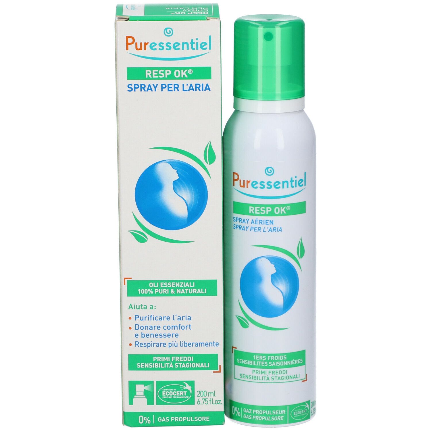 Confezione e flacone spray. Bianco, verde e blu. Testo: Puressentiel, Resp Ok®, Spray per l'aria. 200ml.