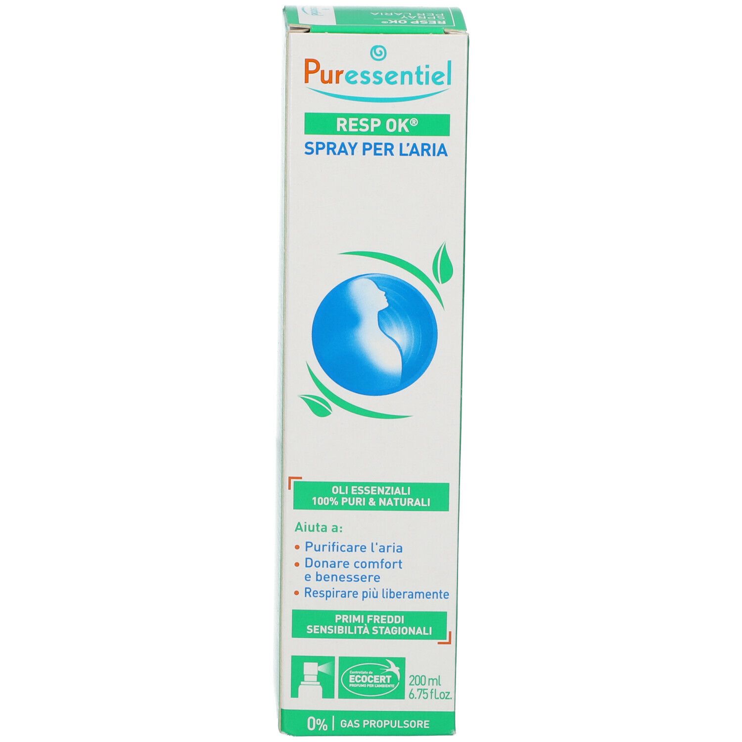 Confezione del prodotto. Bianco, verde e blu. Testo: Puressentiel, Resp Ok®, Spray per l'aria. 200ml.